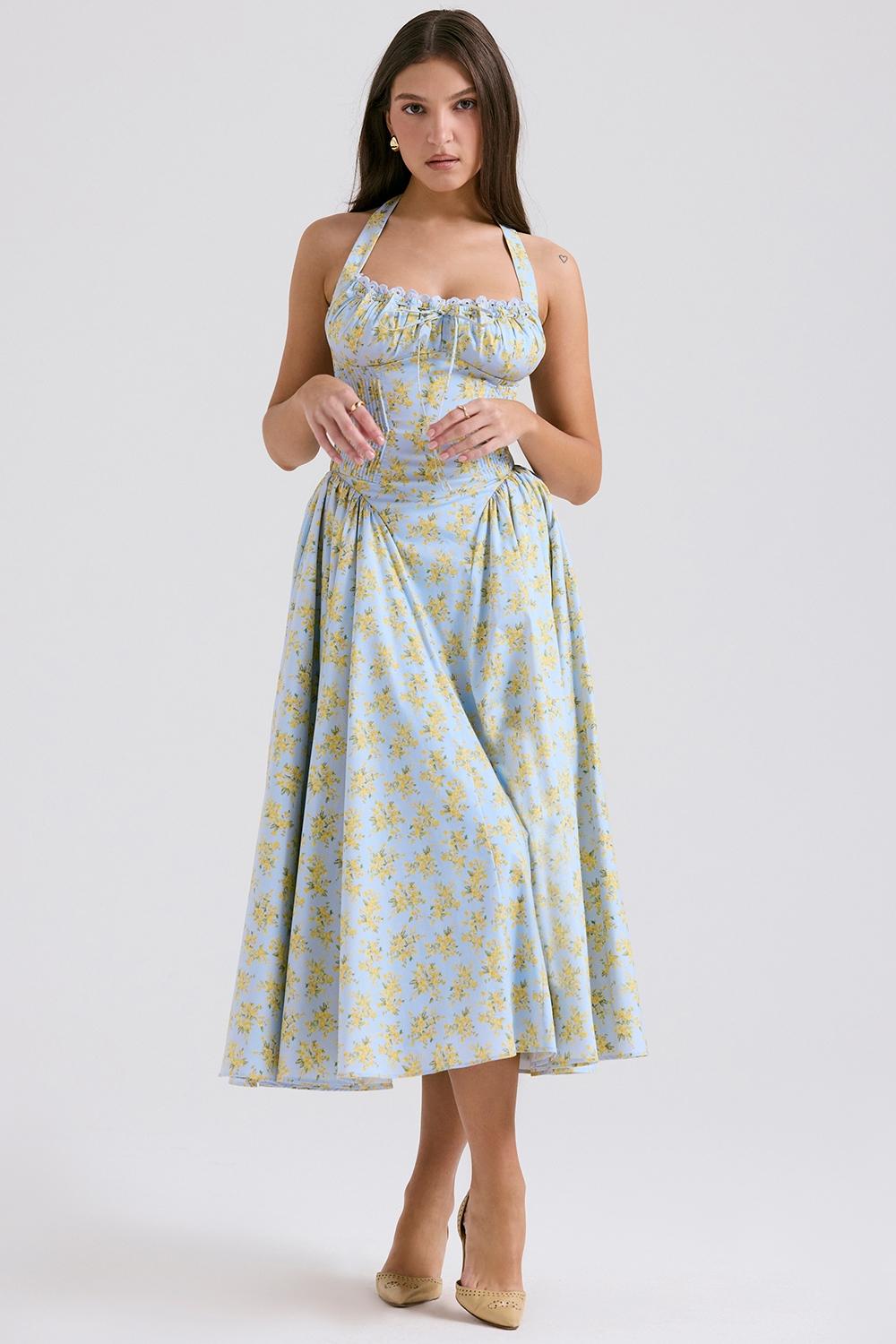 Adabella  soft blue vintage floral print cotton halter sundress Product Image