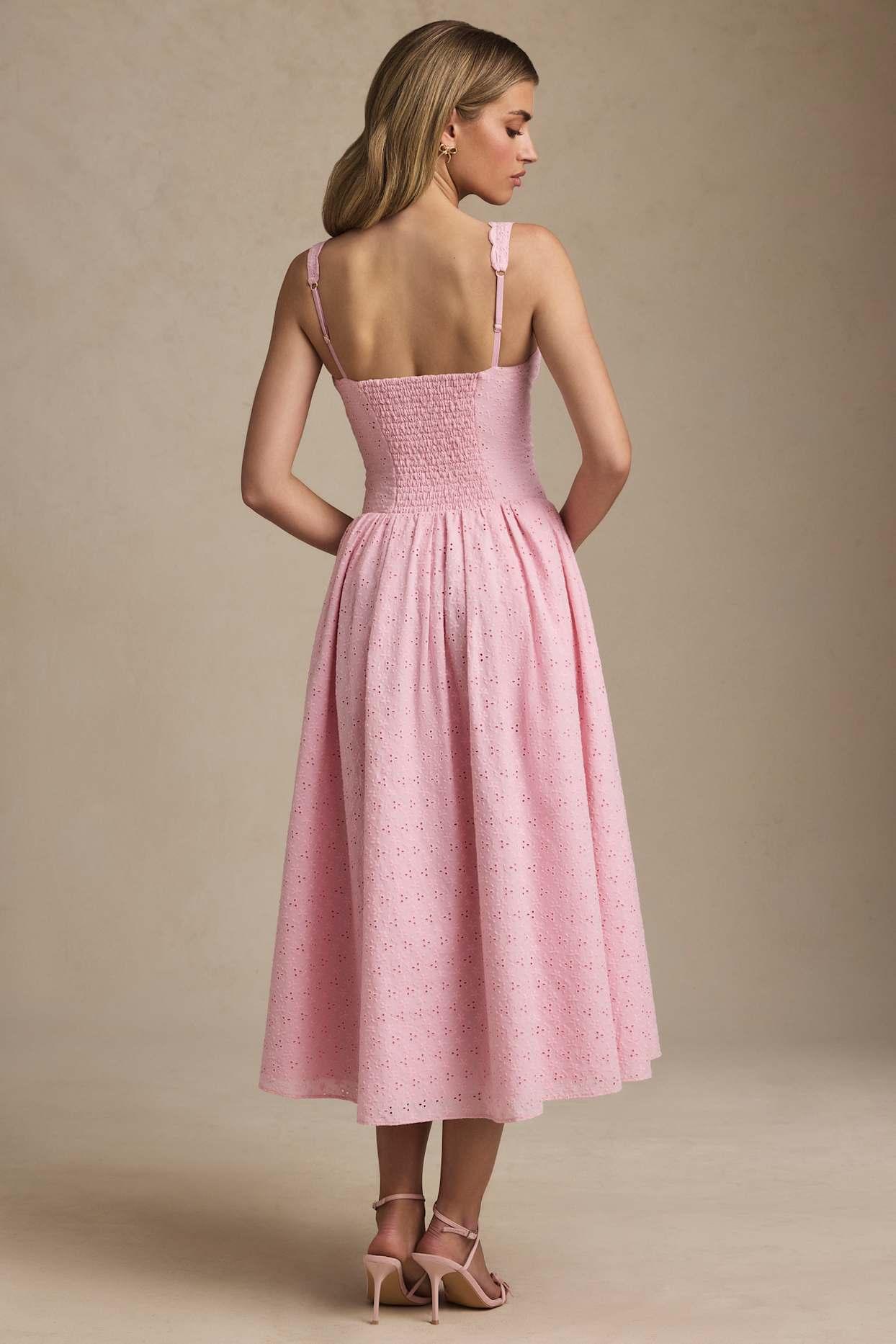 Broderie Anglaise Bow-Detail A-Line Midaxi Dress in Soft Pink Product Image