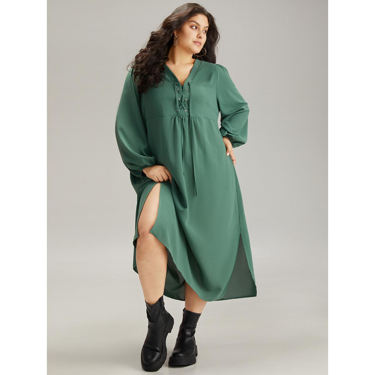 Plus Size Plain Lace Up Split Hem Lantern Sleeve Dress Mint Women Casual Elastic cuffs Tie Neck Long Sleeve Curvy Midi Dress BloomChic 30/6X Product Image