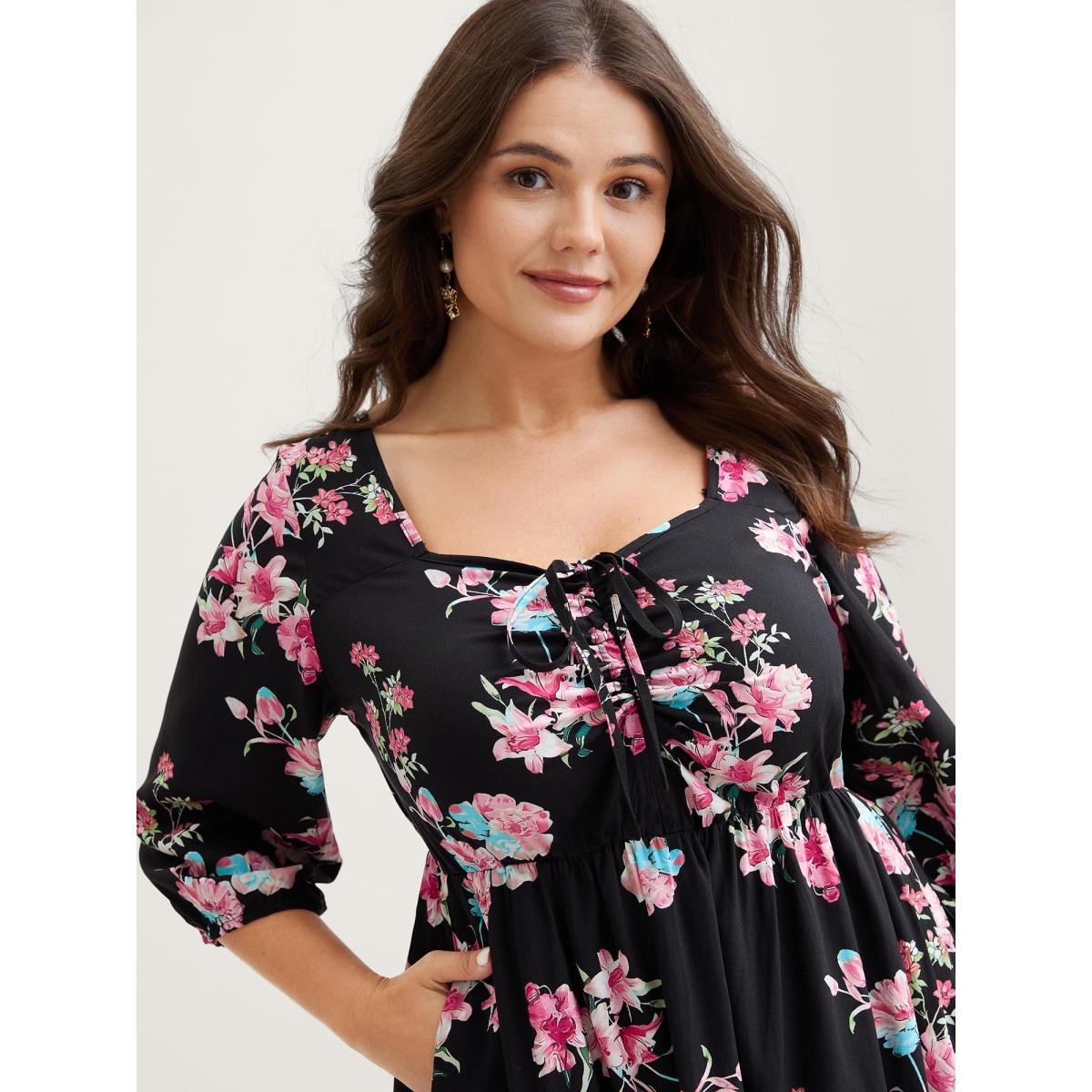 Plus Size Floral Adjustable Bust Drawstring Midi Dress Black Women Heart neckline Elbow-length sleeve Curvy BloomChic 22-24/3X Product Image