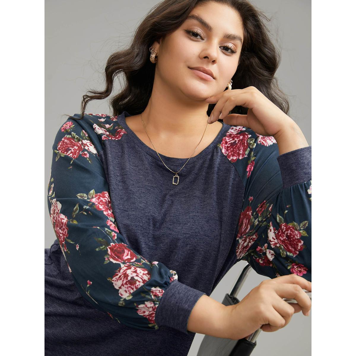 Plus Size Floral Patchwork Crew Neck Raglan Sleeve T-shirt DarkBlue Women Elegant Printed Floral Round Neck Dailywear T-shirts BloomChic 12/L Product Image