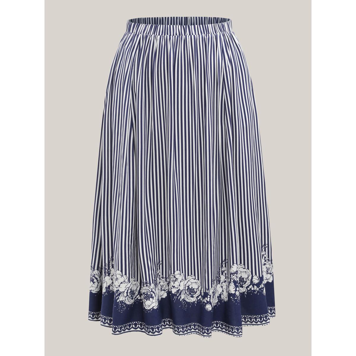 Plus Size Striped Floral Hem Flowy Maxi Skirt Women DarkBlue Loose No stretch Side seam pocket Vacation Skirts BloomChic 10/M Product Image