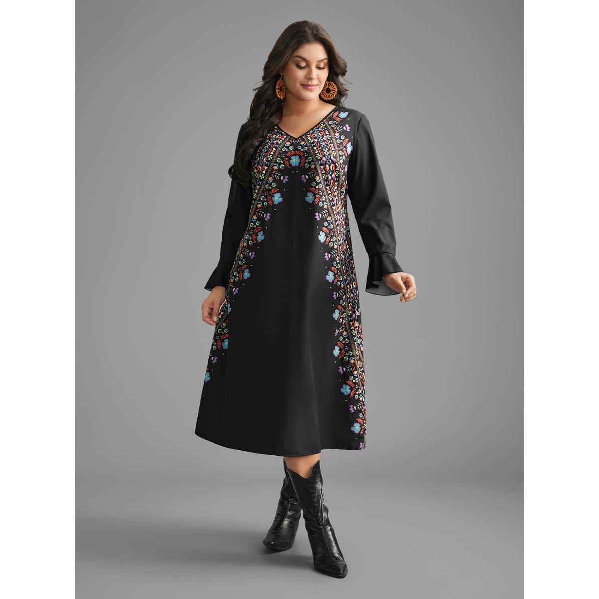 Plus Size Boho Print Ruffle Sleeve Midi Dress Black Women Resort Ruffles V-neck Long Sleeve Curvy BloomChic 18-20/2X Product Image