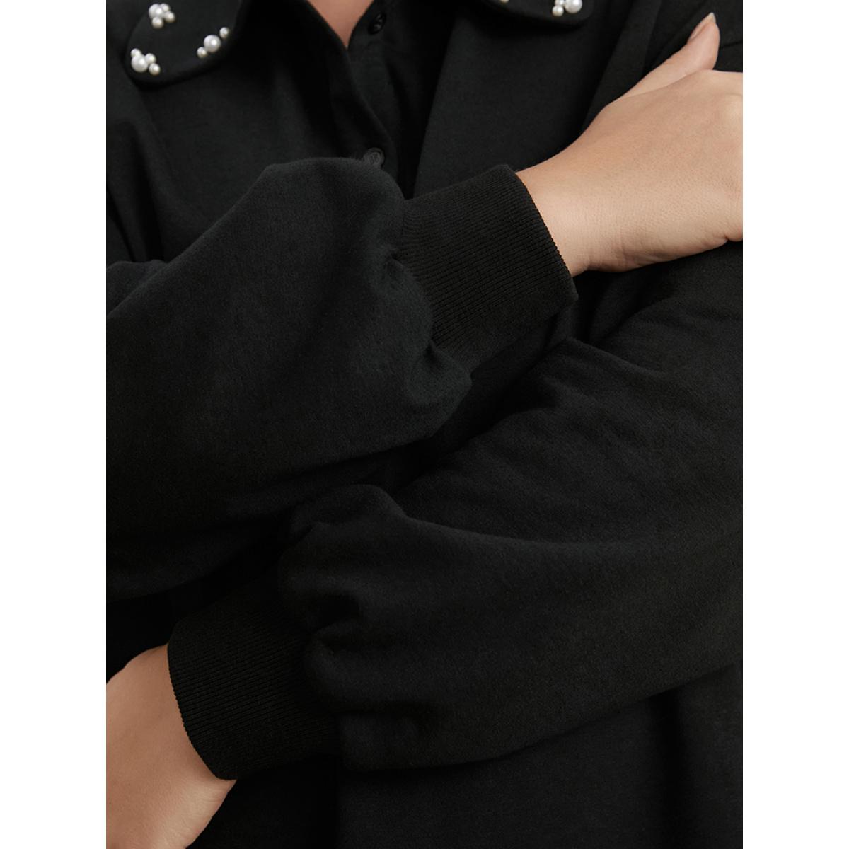 Plus Size Solid Button Up Pearl Beaded Polo Neck Sweatshirt Women Black Elegant Beaded Polo Dailywear Sweatshirts BloomChic 10/M Product Image