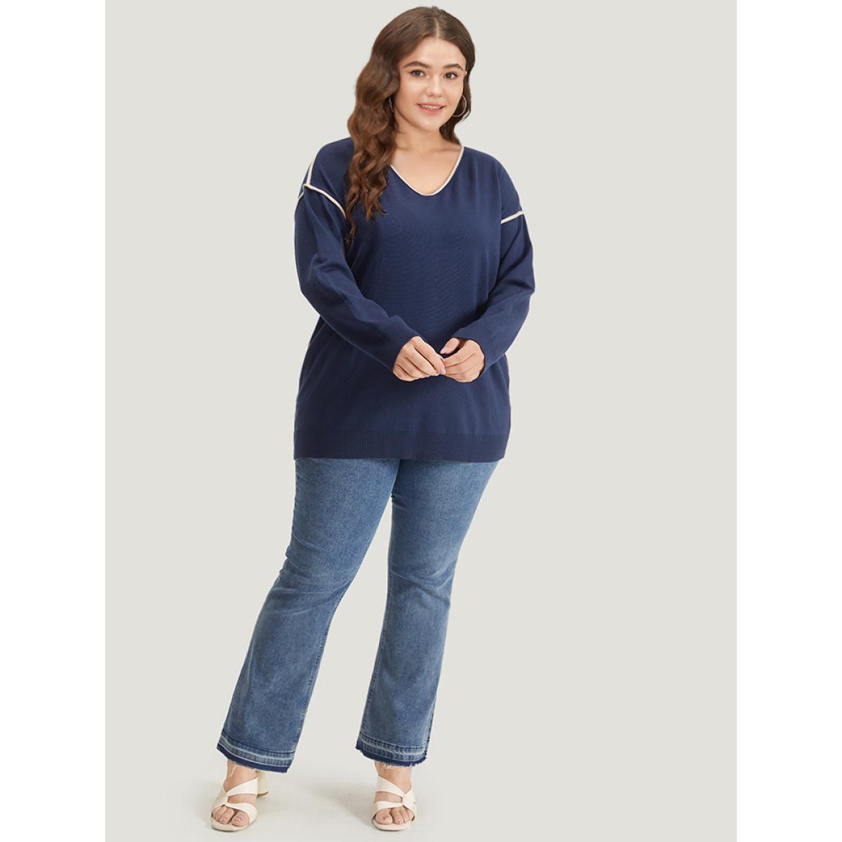 Plus Size Supersoft Essentials Contrast Trim Drop Shoulder Pullover Navy Women Casual Loose Long Sleeve V-neck Dailywear Pullovers BloomChic 18-20/2X Product Image