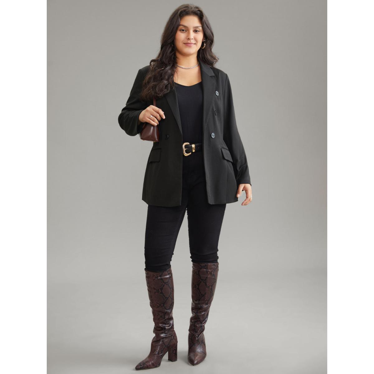 Plus Size Plain Suit Collar Pocket Button Up Blazer Black Women Dailywear Plain Lined Sleeve Long Sleeve Suit Collar 18-20/2X Pocket Elegant Blazers BloomChic Product Image