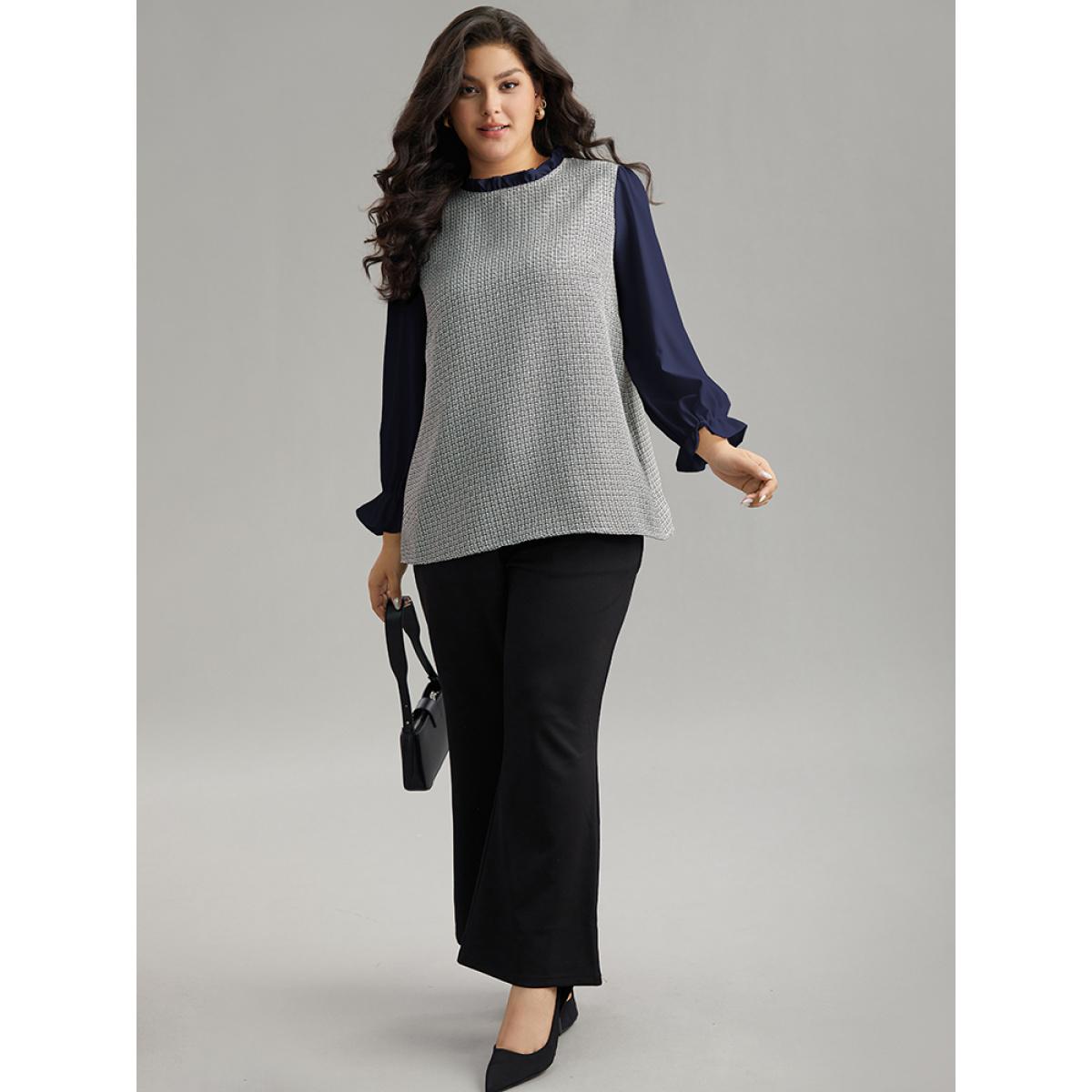 Plus Size Indigo Gingham Ruffles Patchwork Frill Trim Blouse Women Office Long Sleeve Stand-up collar Work Blouses BloomChic 26/4X Product Image