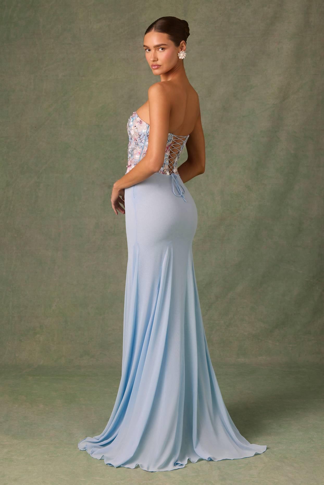 Embellished Corset Fishtail Gown in Floral Blue Product Image
