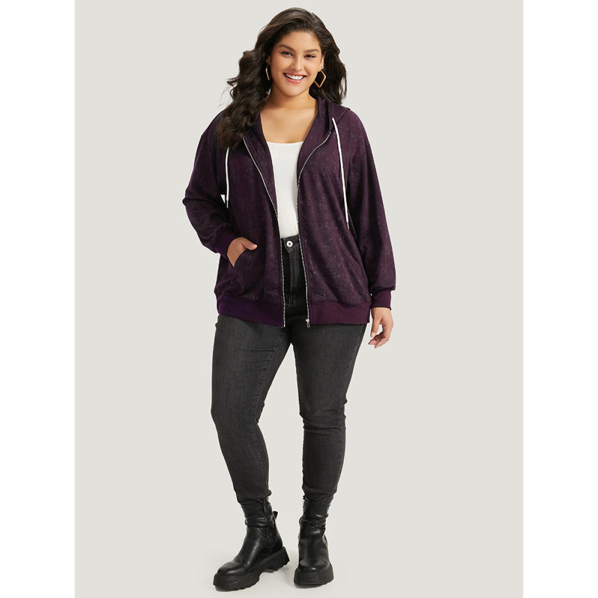 Plus Size Heather Hooded Drawstring Pocket Zipper Fly Sweatshirt Women Purple Casual Elastic cuffs Hooded Everyday Sweatshirts BloomChic 30/6X Product Image