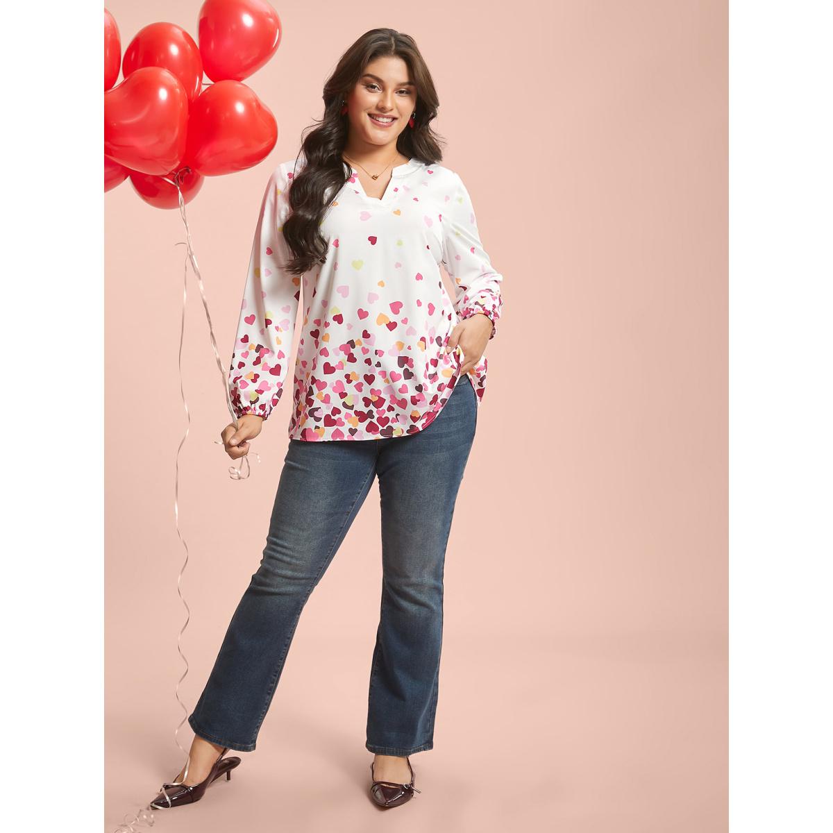 Plus Size WhiteSmoke Notched Collar Multi-Color Hearts Blouse Women Timeless Extra Long Sleeve Flat collar with V-notch Elegant Blouses BloomChic 14-16/1X Product Image