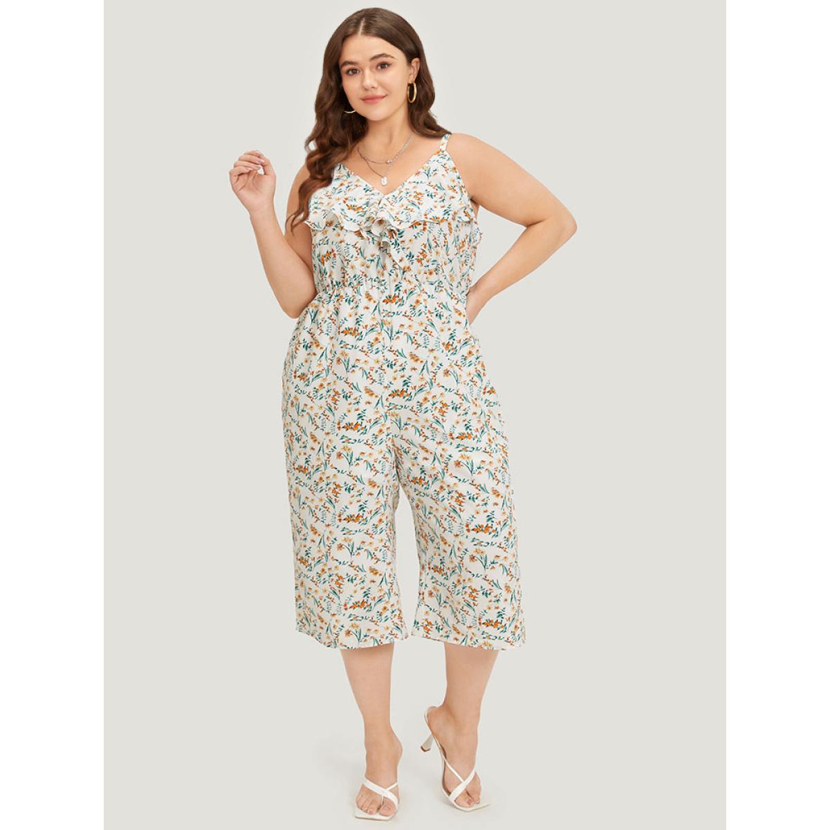 Plus Size White Ditsy Floral Ruffle Trim Pocket Wrap Cami Jumpsuit Women Elegant Sleeveless Spaghetti Strap Dailywear Loose Jumpsuits BloomChic 18-20/2X Product Image