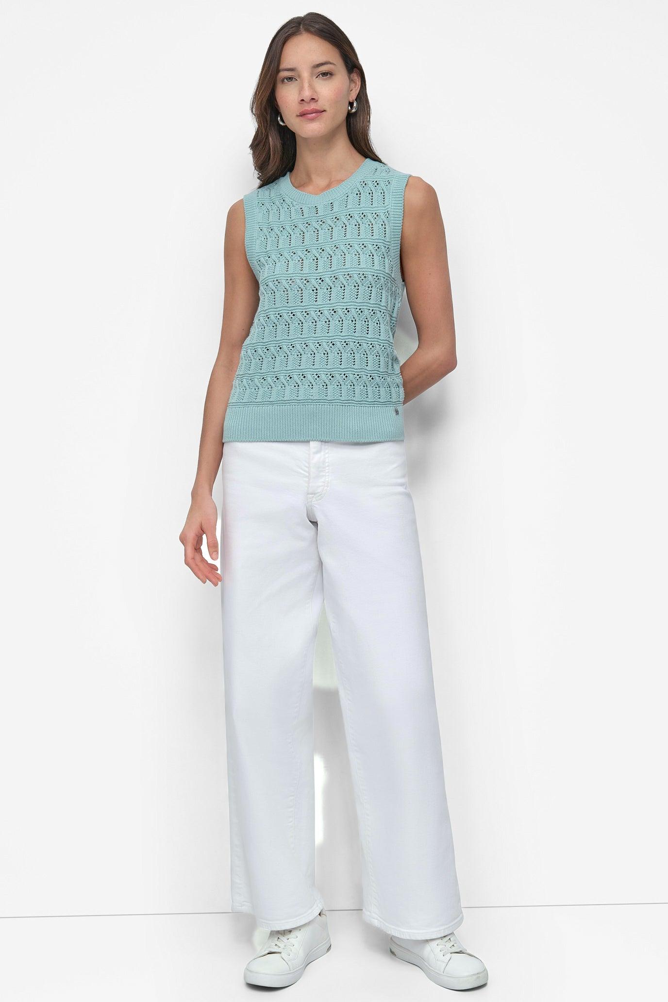 COTTON SLEEVLESS LACEY STITCH CREW NECK Product Image