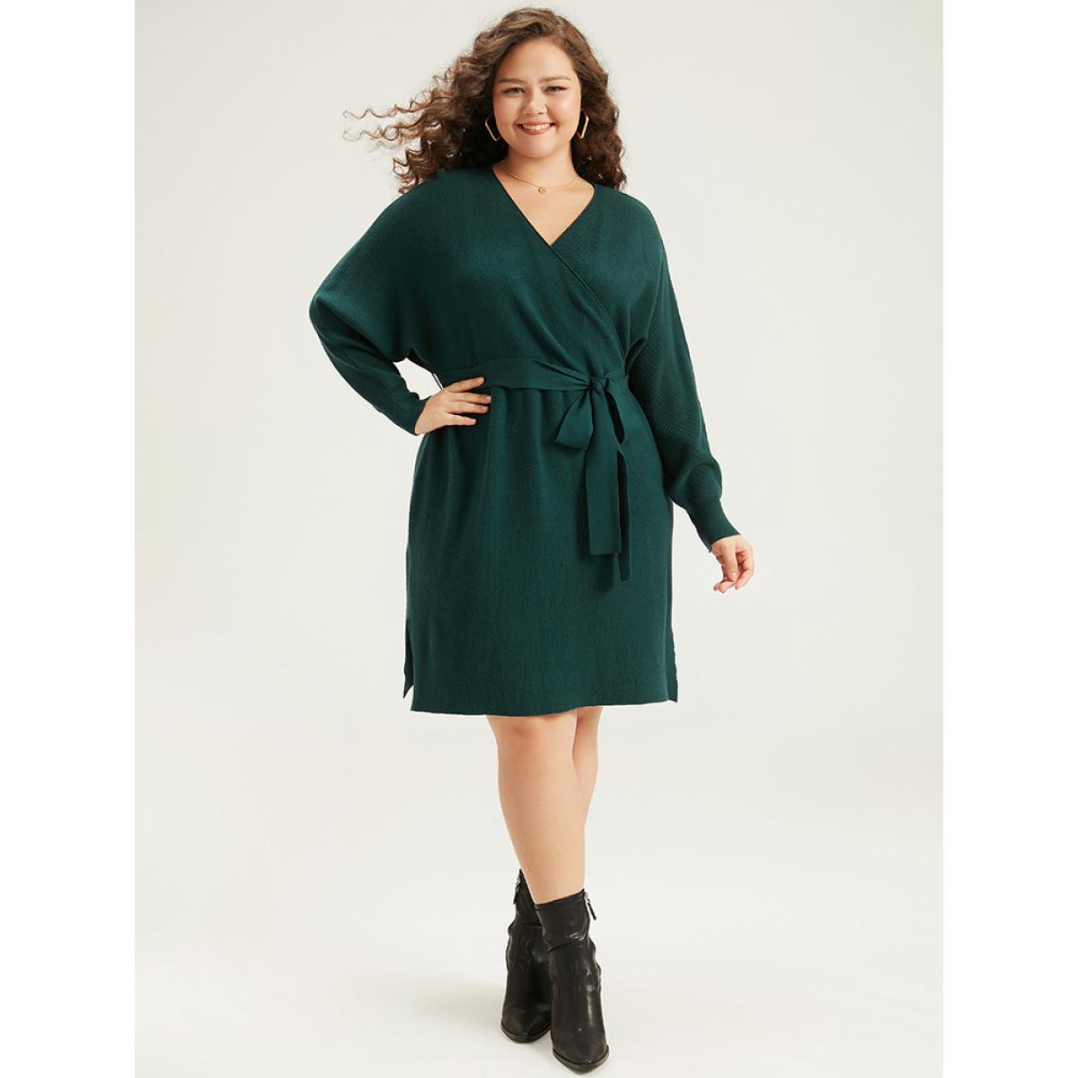 Plus Size Supersoft Essentials Solid Belted Split Batwing Sleeve Sweater Dress DarkGreen Women Casual Loose Long Sleeve Dailywear Sweater Dresses BloomChic 28/5X Product Image