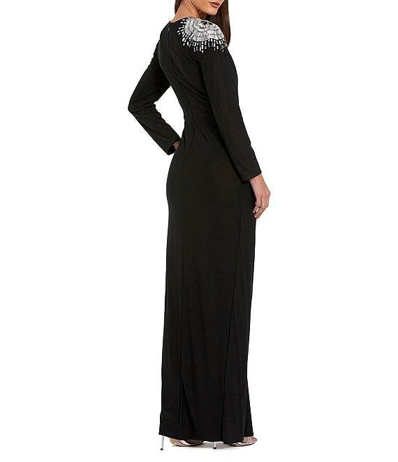 Mac Duggal Jersey Knit Beaded Shoulder Crew Neck Long Sleeve Wrap Gown Product Image