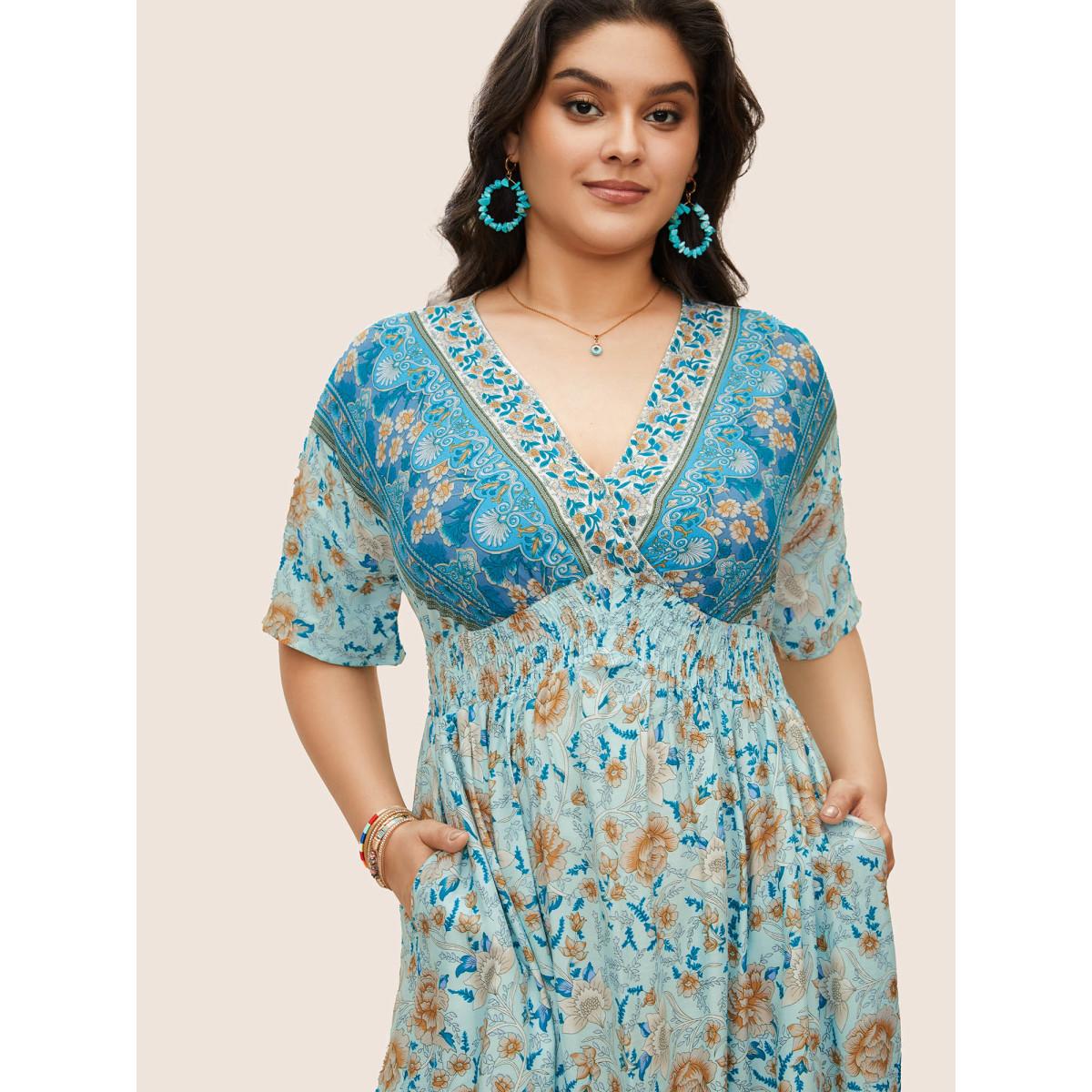 Plus Size Floral Dolman Sleeve Ruffles Shirred Split Hem Dress Turquoise Women Resort Non V-neck Short sleeve Curvy Midi Dress BloomChic 12/L Product Image