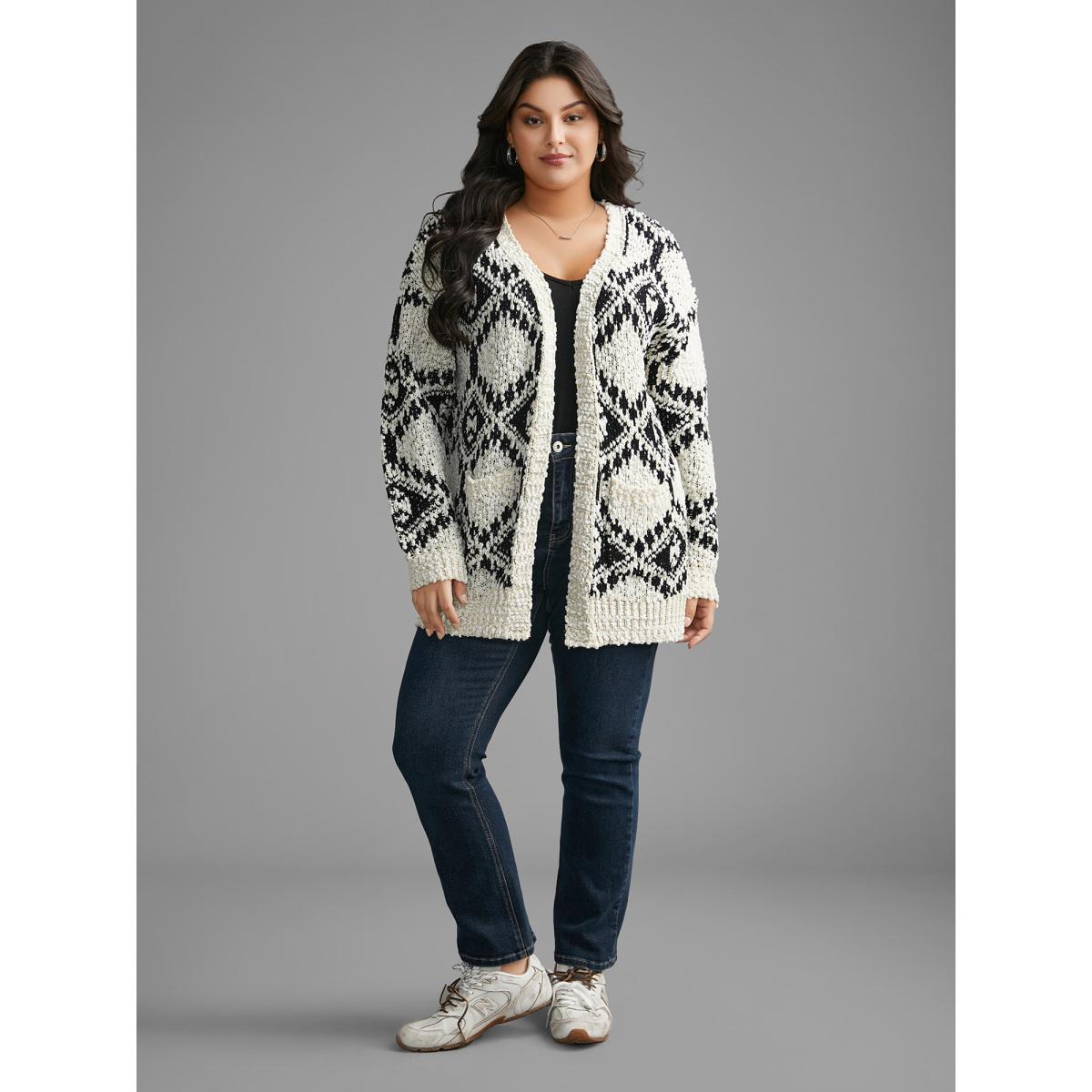 Plus Size Bandana Jacquard Patched Pocket Drop Shoulder Cardigan Black Women Casual Loose Long Sleeve Everyday Cardigans BloomChic 22-24/3X Product Image