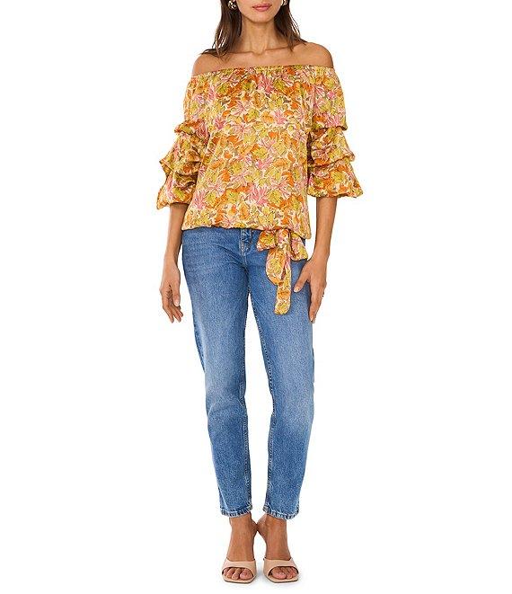 Vince Camuto Satin Printed Off-The-Shoulder 3/4 Bubble Sleeve Blouse Product Image