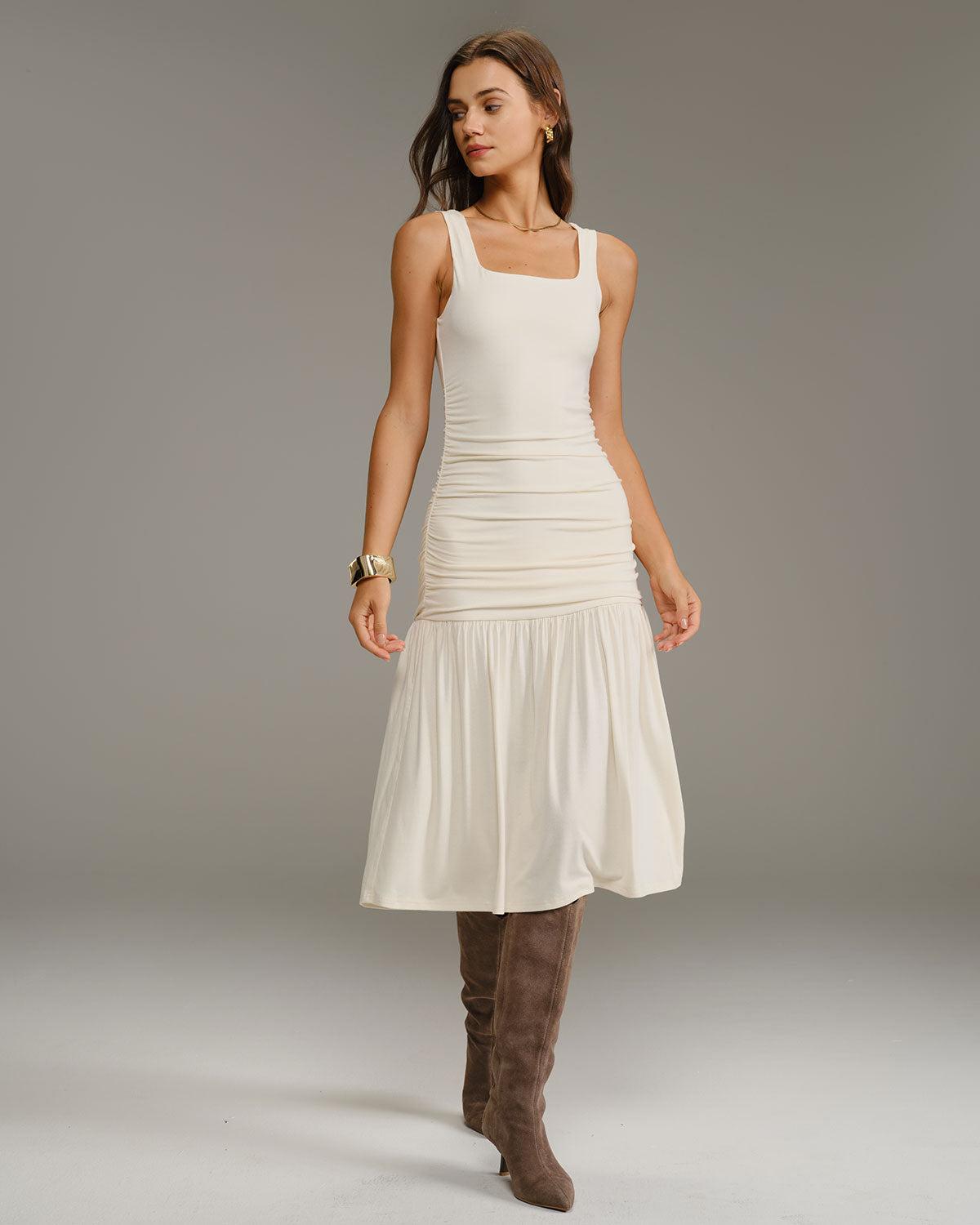 Beige Ruched A-Line Slip Midi Dress Product Image