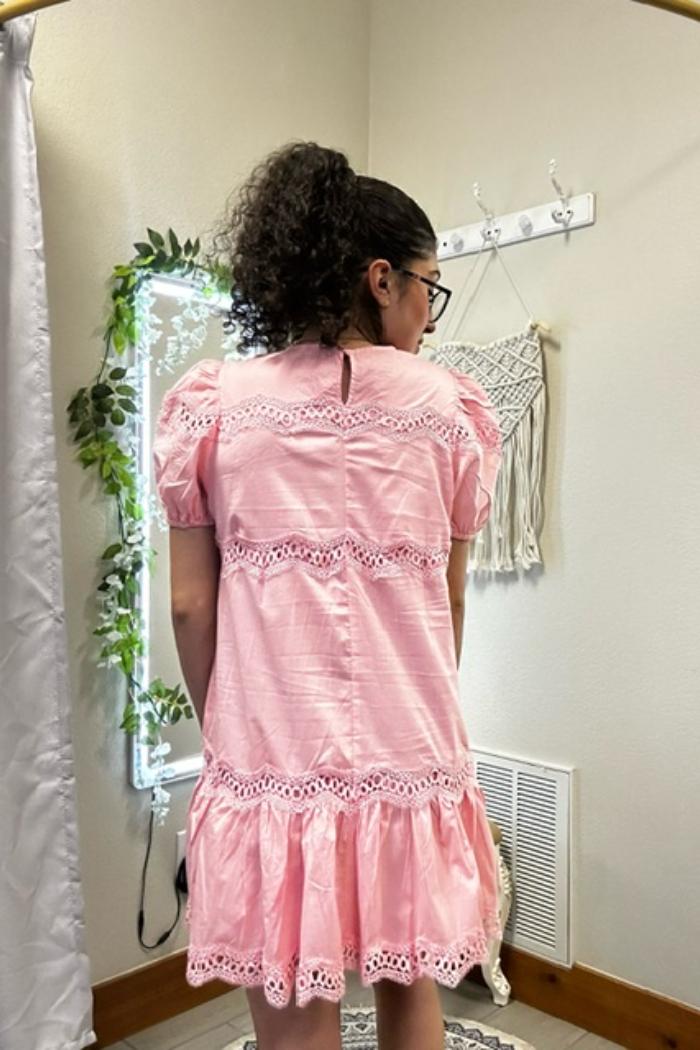 Pink Puff Sleeve Lace Insert Dress Product Image
