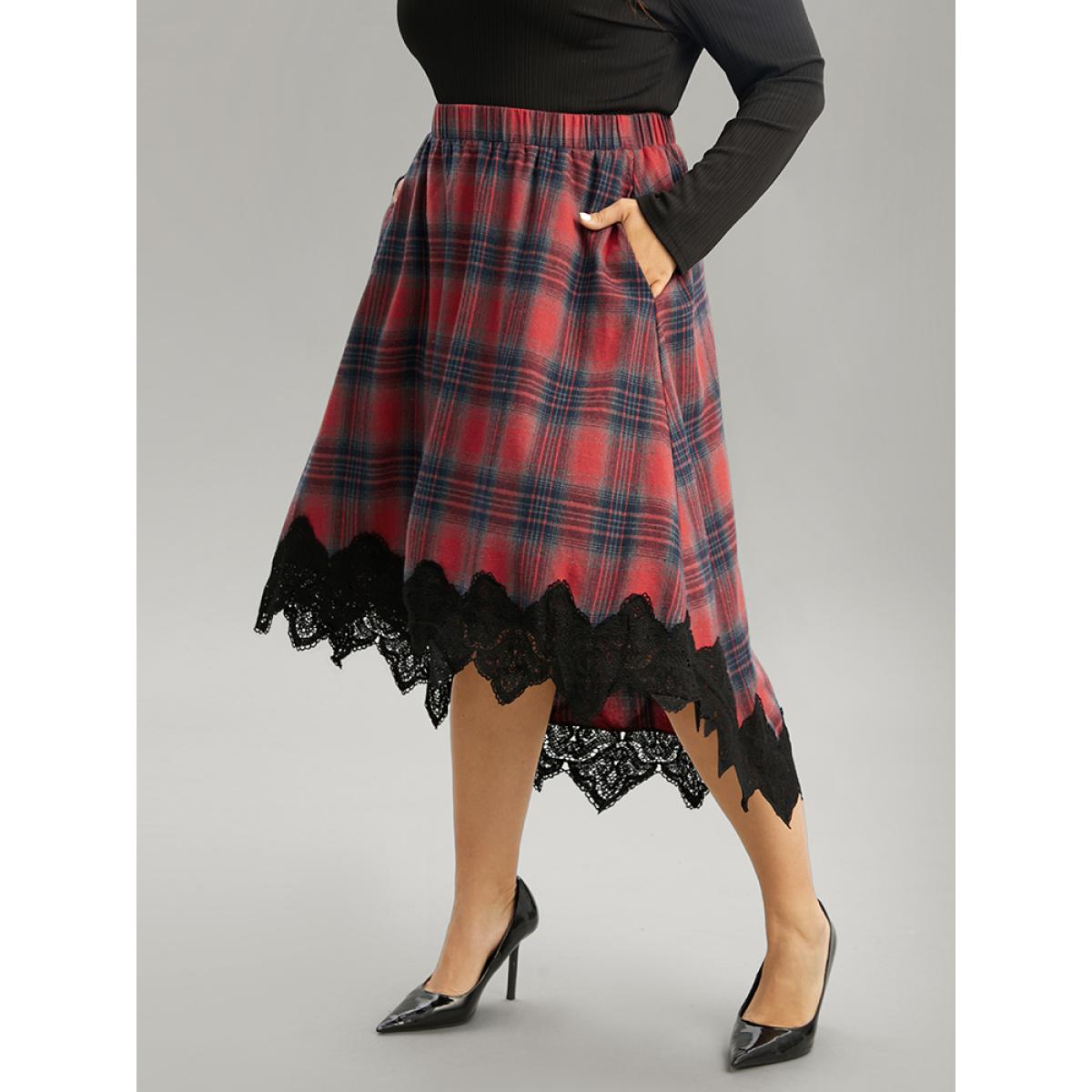 Plus Size Plaid Lace Panel Pocket High Low Hem Skirt Women Scarlet Elegant Patchwork No stretch Pocket Festival-Christmas Skirts BloomChic 12/L Product Image