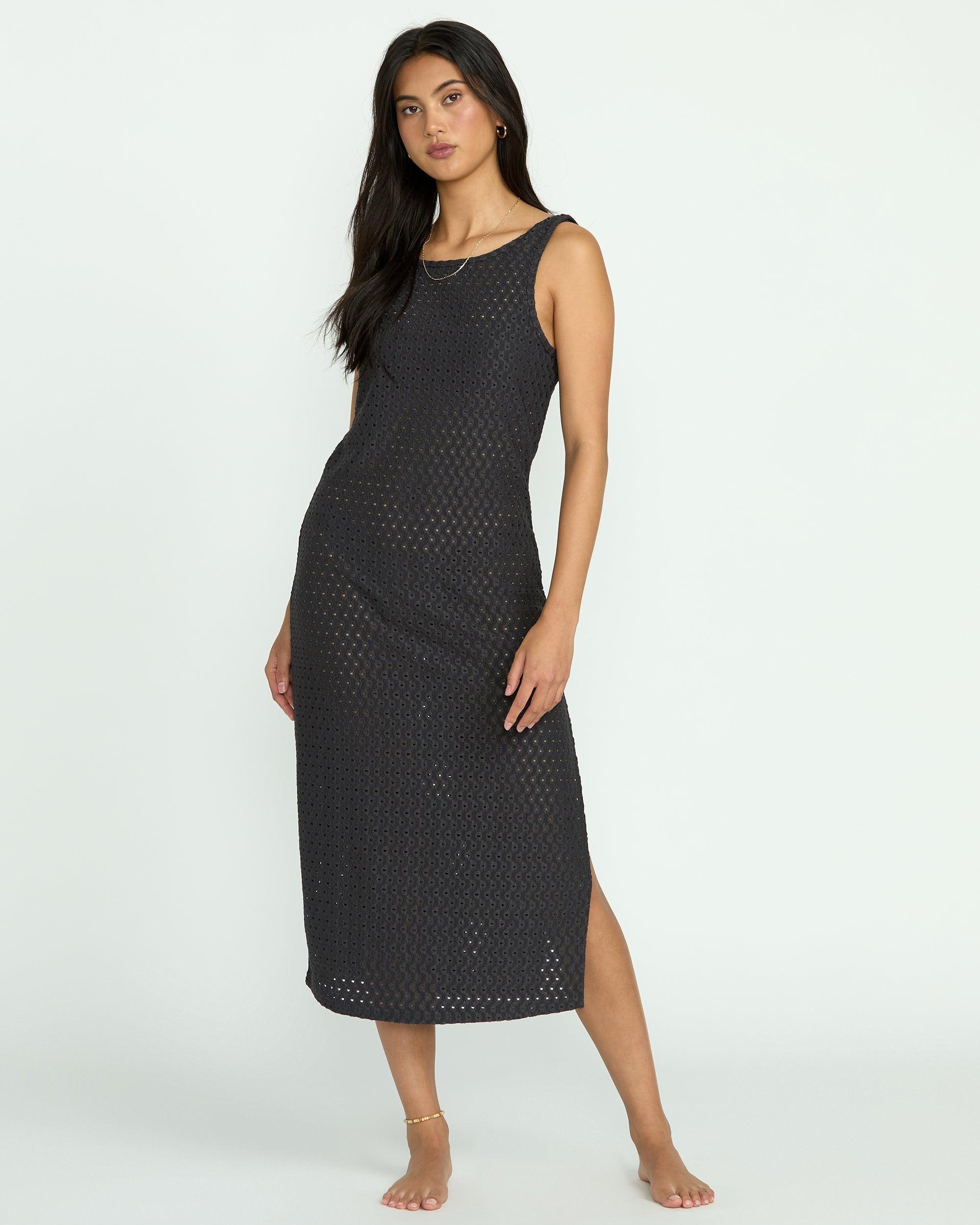 Eyelet Sun Midi Dress Beach Coverup - Off Black Female Product Image