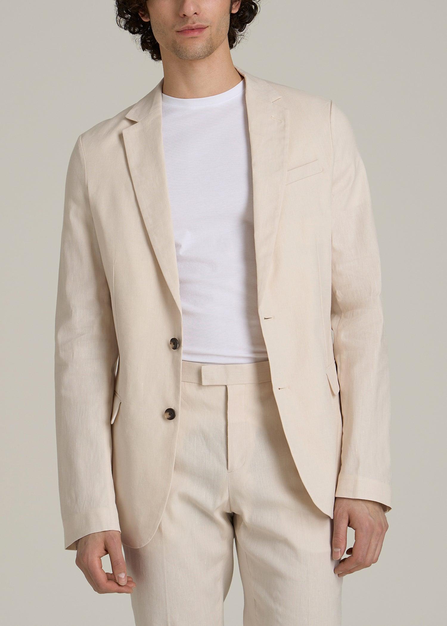 Stretch Linen Blazer for Tall Men in Light Beige Linen Male Product Image