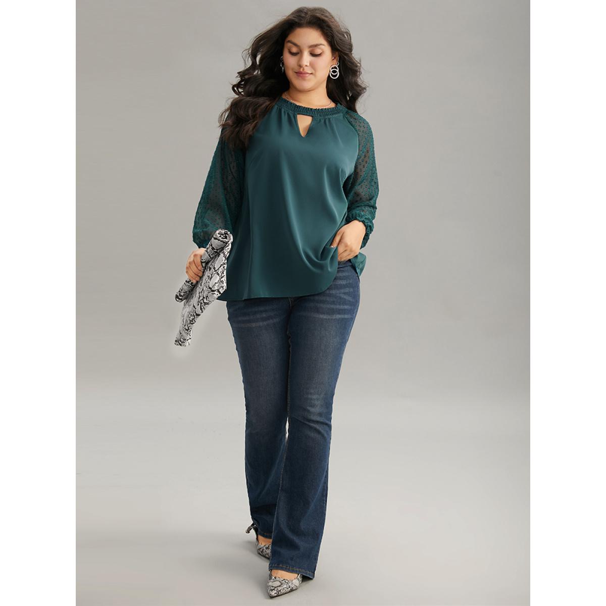 Plus Size Arctic Static-Free Solid Shirred Mesh Texture Keyhole Blouse Women Office Long Sleeve Keyhole Cut-Out Dailywear Blouses BloomChic 10/M Product Image