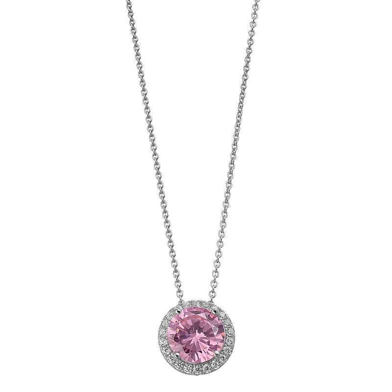 Rosabella Sterling Silver Pink & White Cubic Zirconia Halo Pendant Necklace, Women's, Size: 18" Product Image