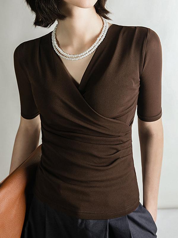 Half Sleeves Skinny Pleated Solid Color V-Neck T-Shirts Tops Product Image