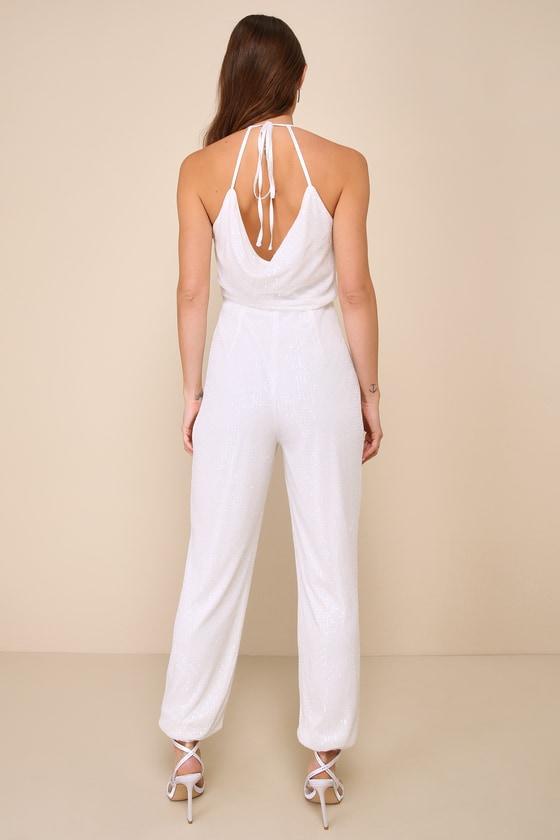 After Party Perfection White Sequin Cowl Backless Jumpsuit Product Image