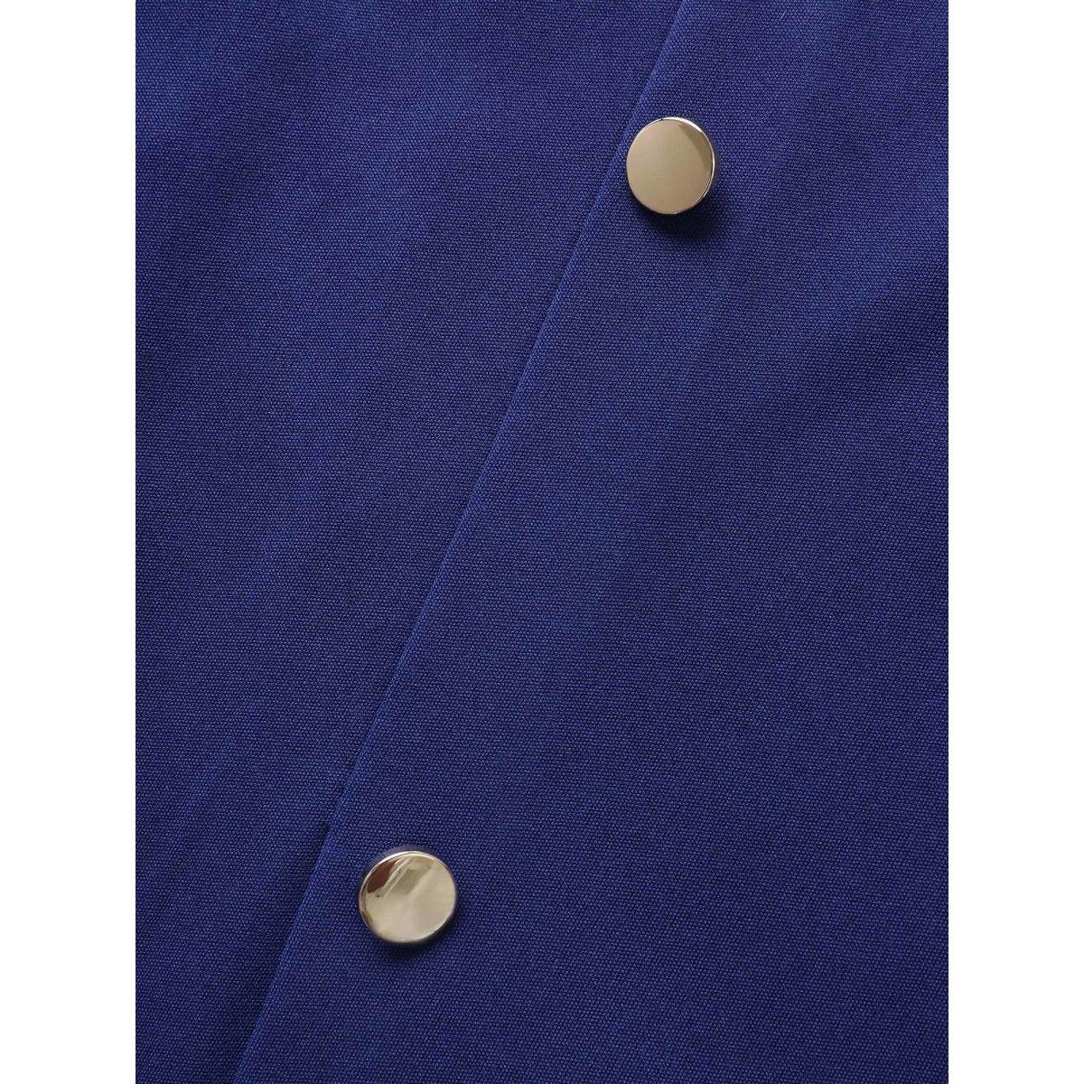 Plus Size Plain Metal Detail Pleated Tank Dress Navy Women At the Office Button Round Neck Sleeveless Curvy BloomChic 14-16/1X Product Image