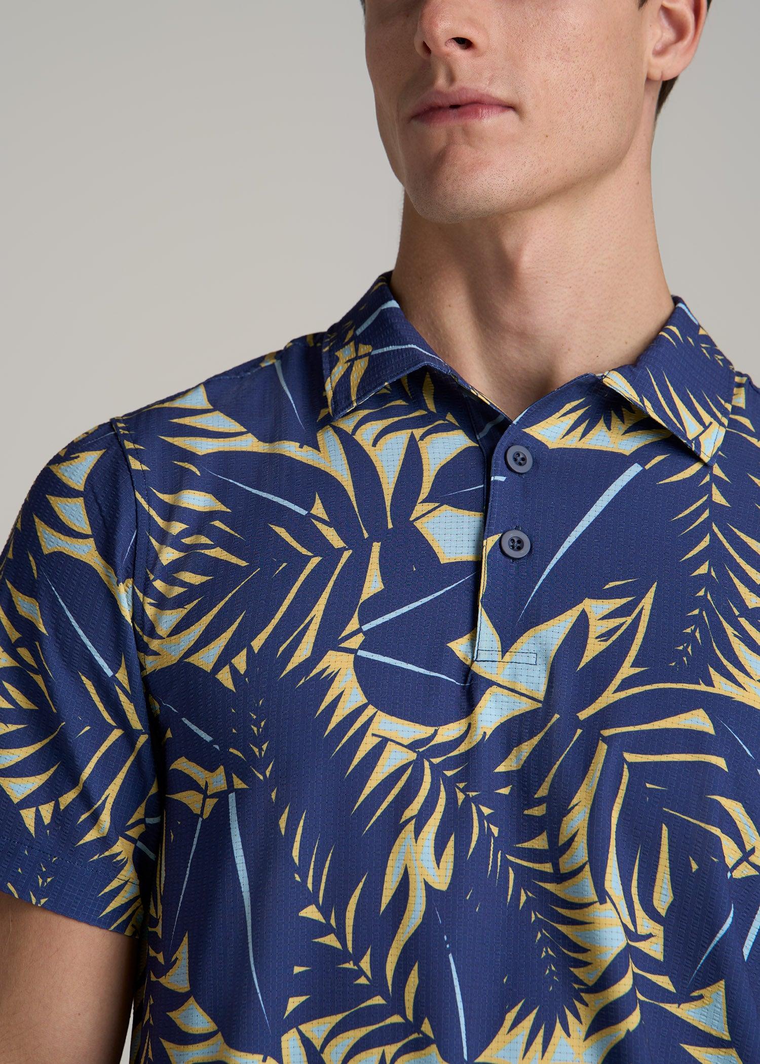 Coastal Perforated Polo Shirt for Tall Men in Twilight Blue Palms Male Product Image