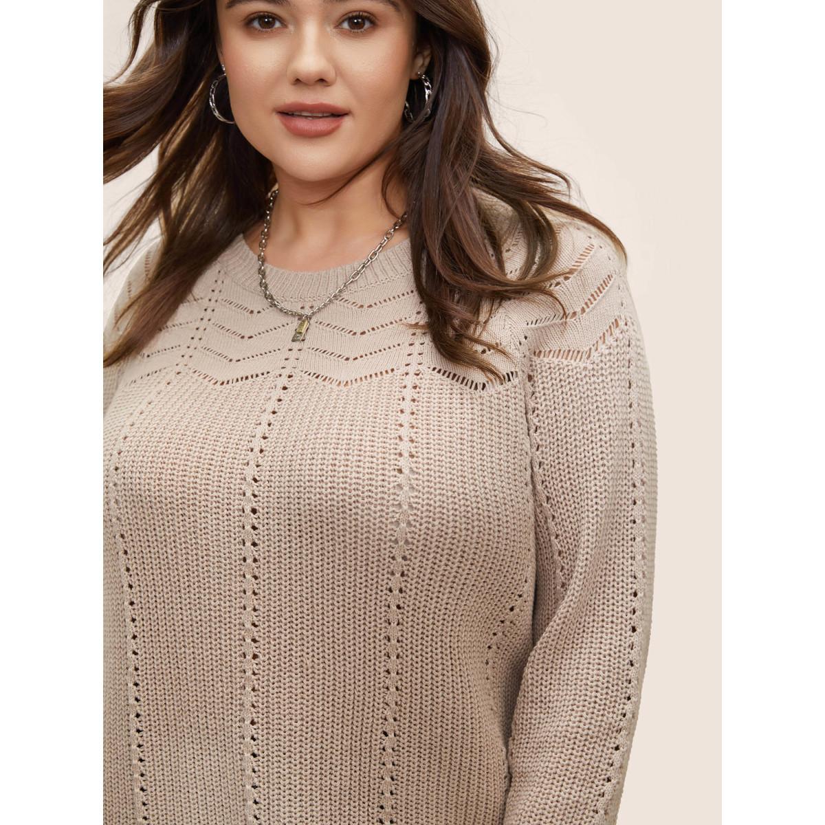 Plus Size Plain Texture Raglan Sleeve Pointelle Knit Pullover Apricot Women Casual Long Sleeve Round Neck Everyday Pullovers BloomChic 18-20/2X Product Image