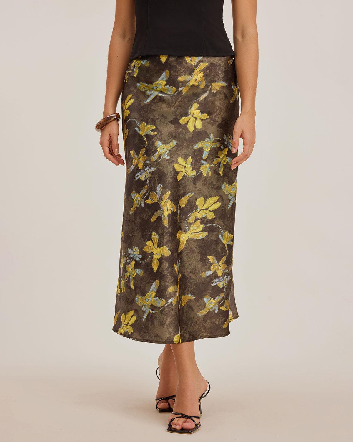 Yellow Floral Straight Midi Skirt Product Image
