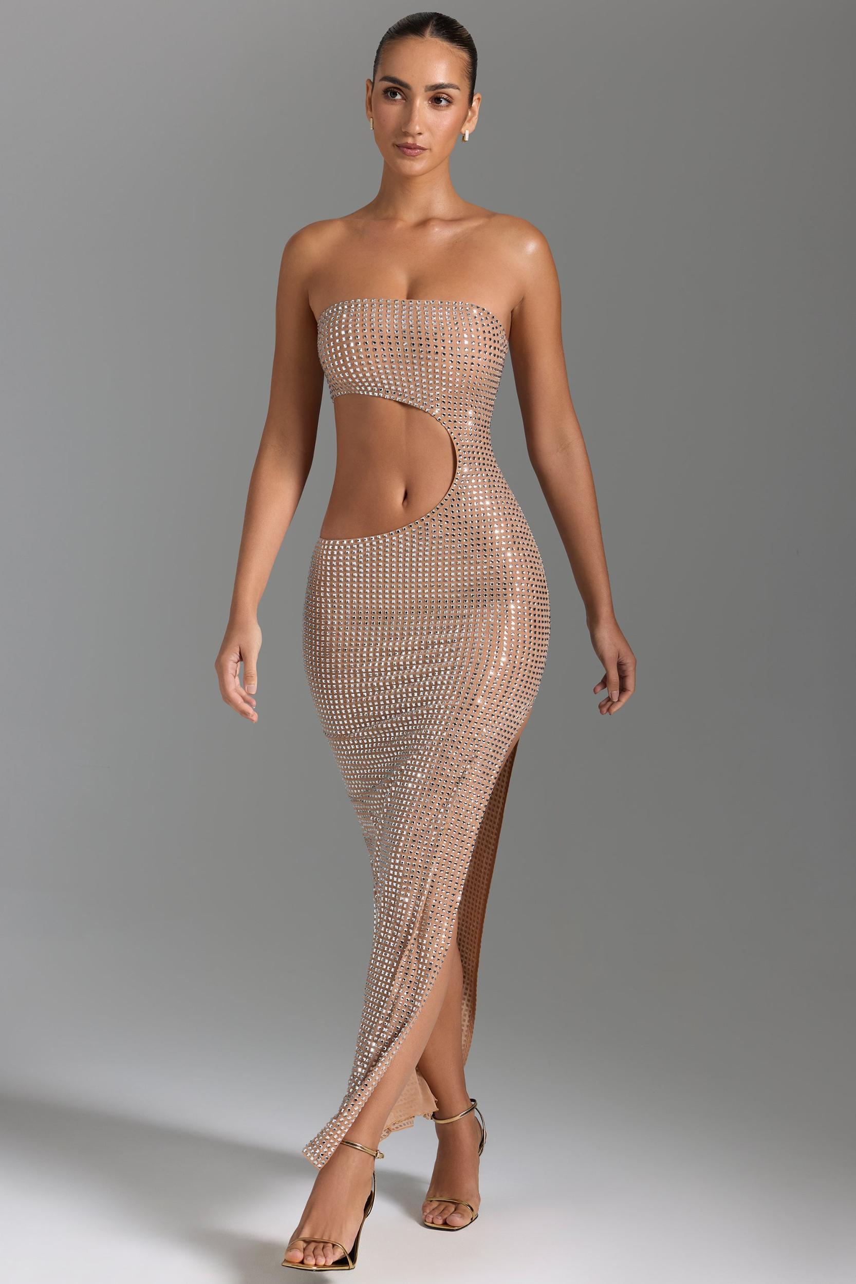 Embellished Cut-Out Bandeau Maxi Dress in Honey Product Image