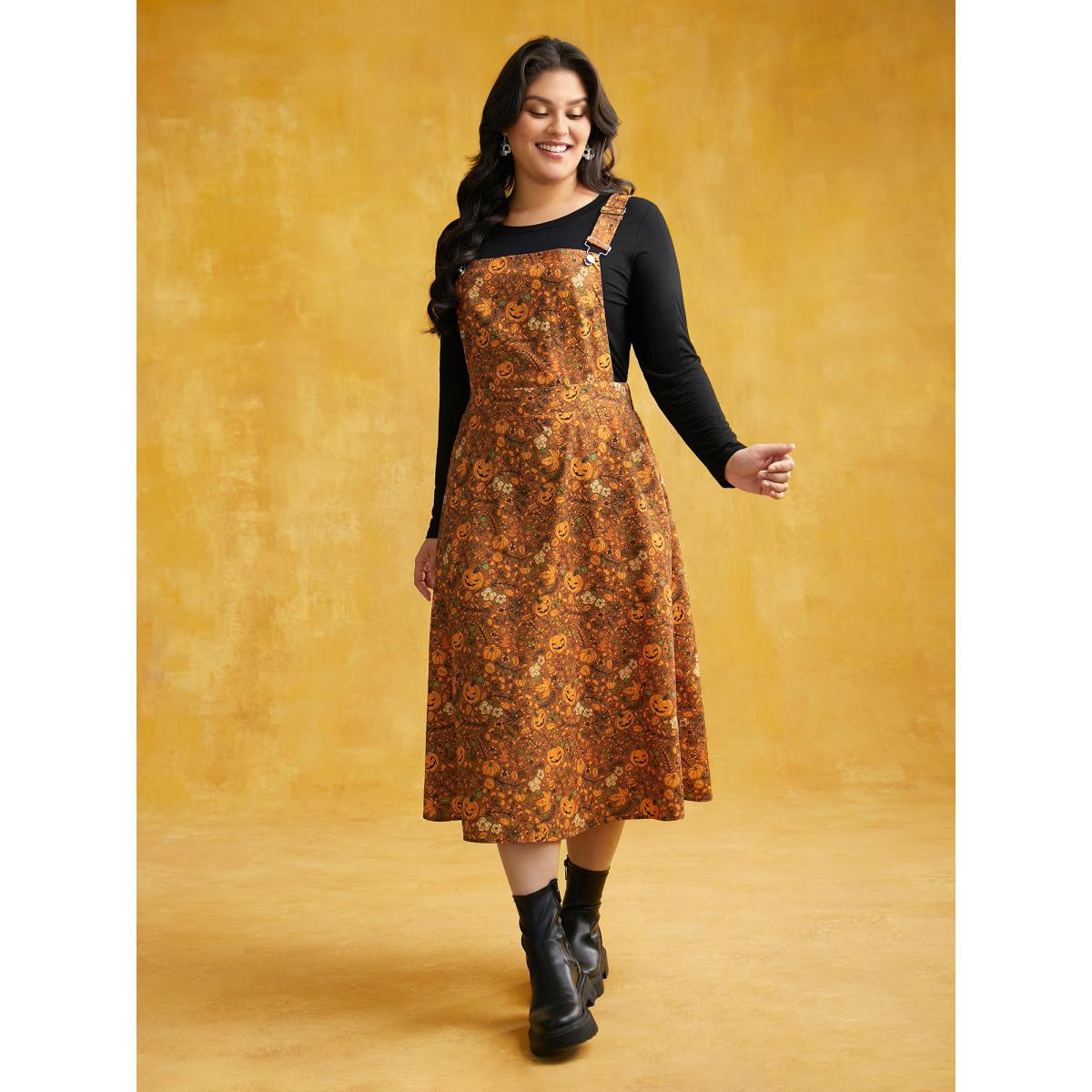 Plus Size Pumpkin Print Suspender Midi Dress Amber Women Casual Non Party Curvy Bloomchic 28/5X Product Image