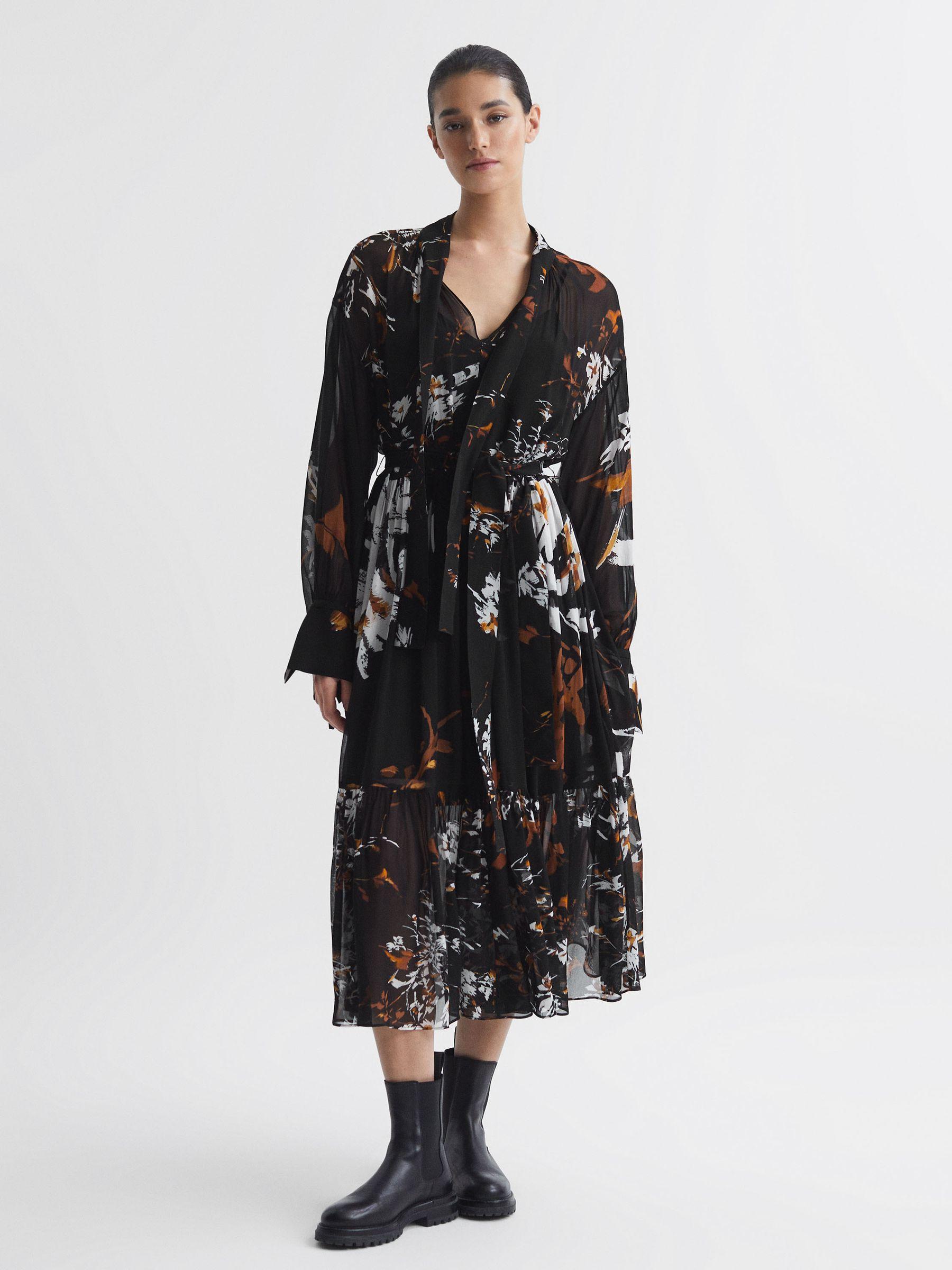 Floral Neck Tie Midi Dress in Black/Brown Product Image