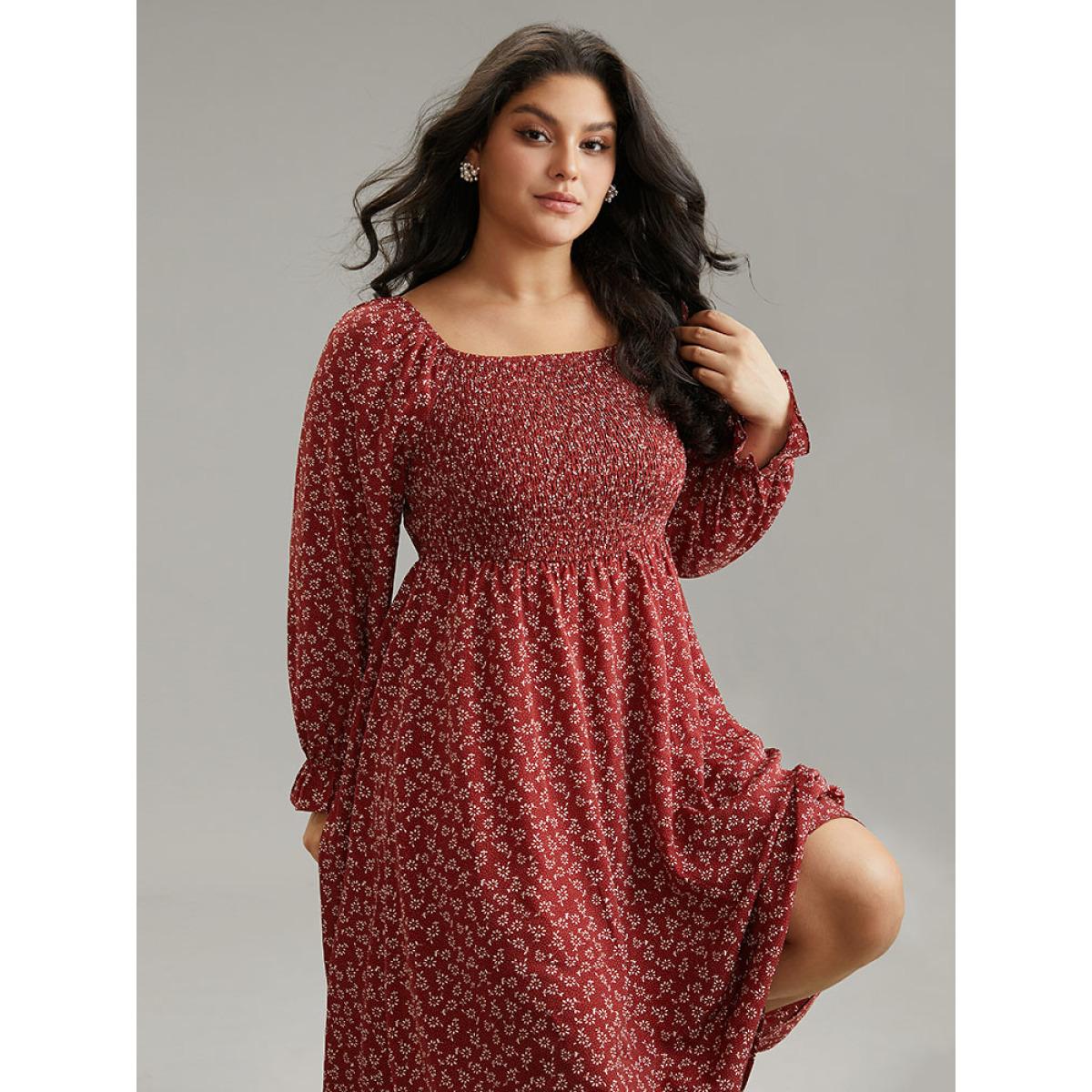 Plus Size Ditsy Floral Square Neck Shirred Gathered Dress DustyPink Women Elegant Gathered Square Neck Long Sleeve Curvy Midi Dress BloomChic 28/5X Product Image