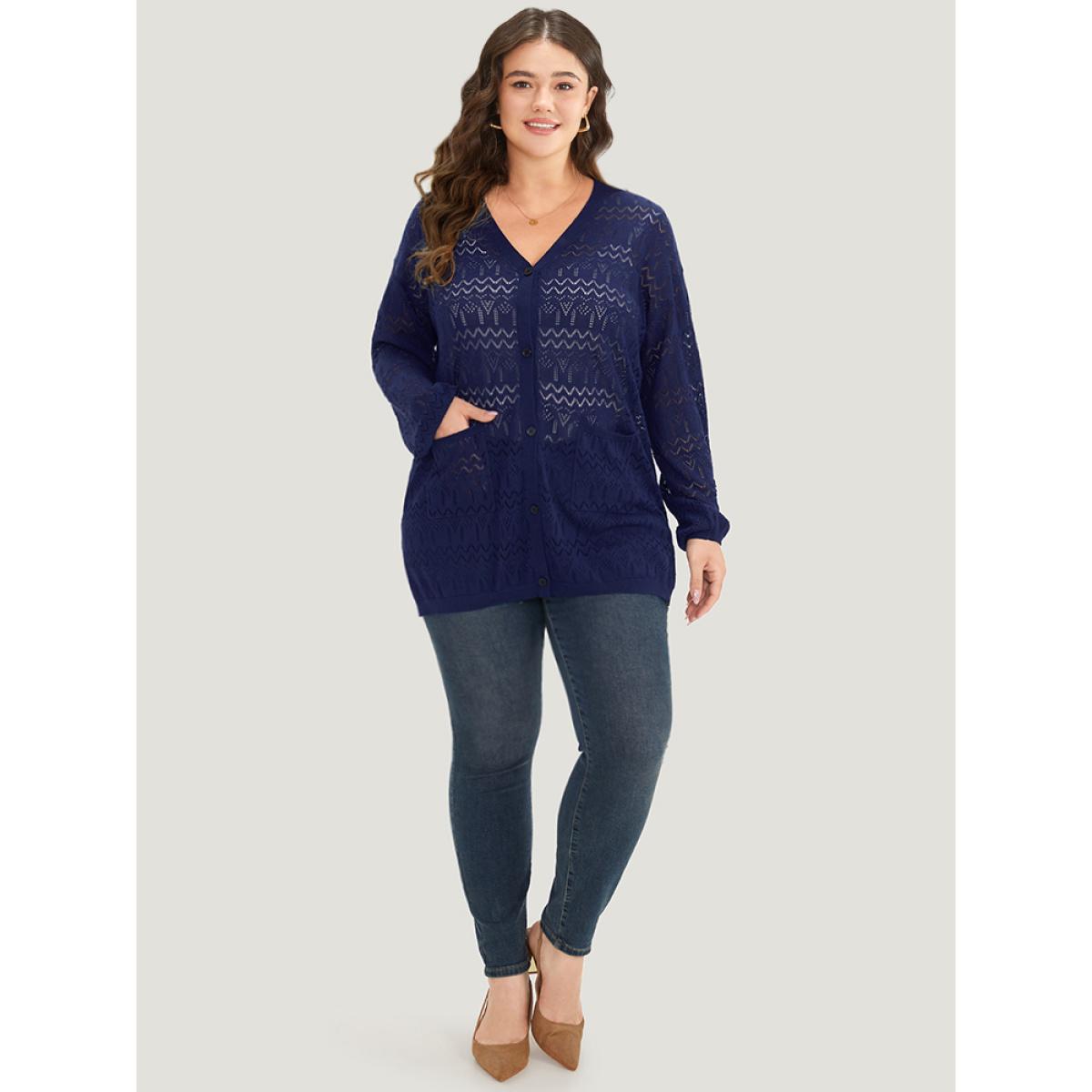 Plus Size Plain Pocket Hollow Out Button Through Cardigan Indigo Women Casual Long Sleeve Dailywear Cardigans BloomChic 30/6X Product Image
