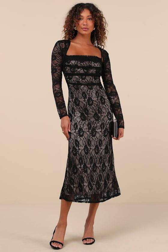 Certainly Iconic Black Lace Midi Dress and Shrug Set Product Image
