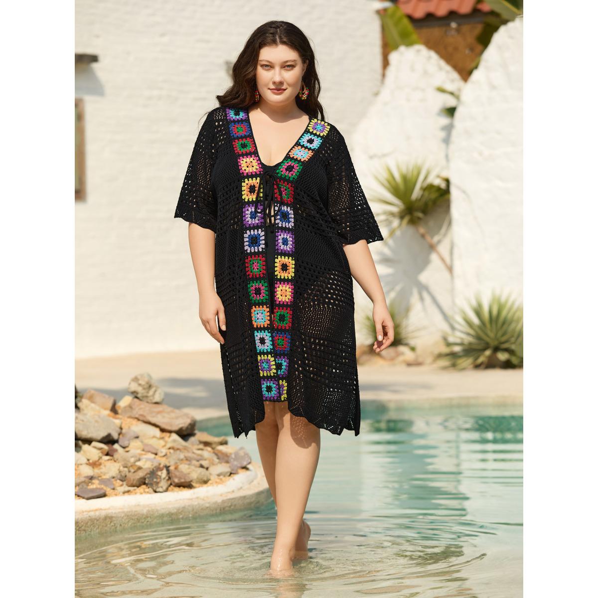Plus Size Crocheted Cut-Out Tied Swim Cover-Up Women's Swimwear Black Beach Loose Texture Curve Swim Cover Ups BloomChic 28/5X Product Image