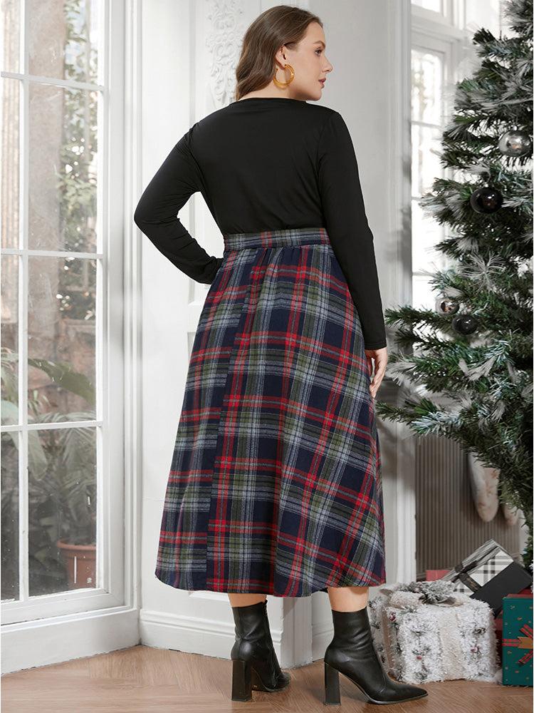 Solid Patchwork Surplice Neck Belted Plaid Dress Female Product Image