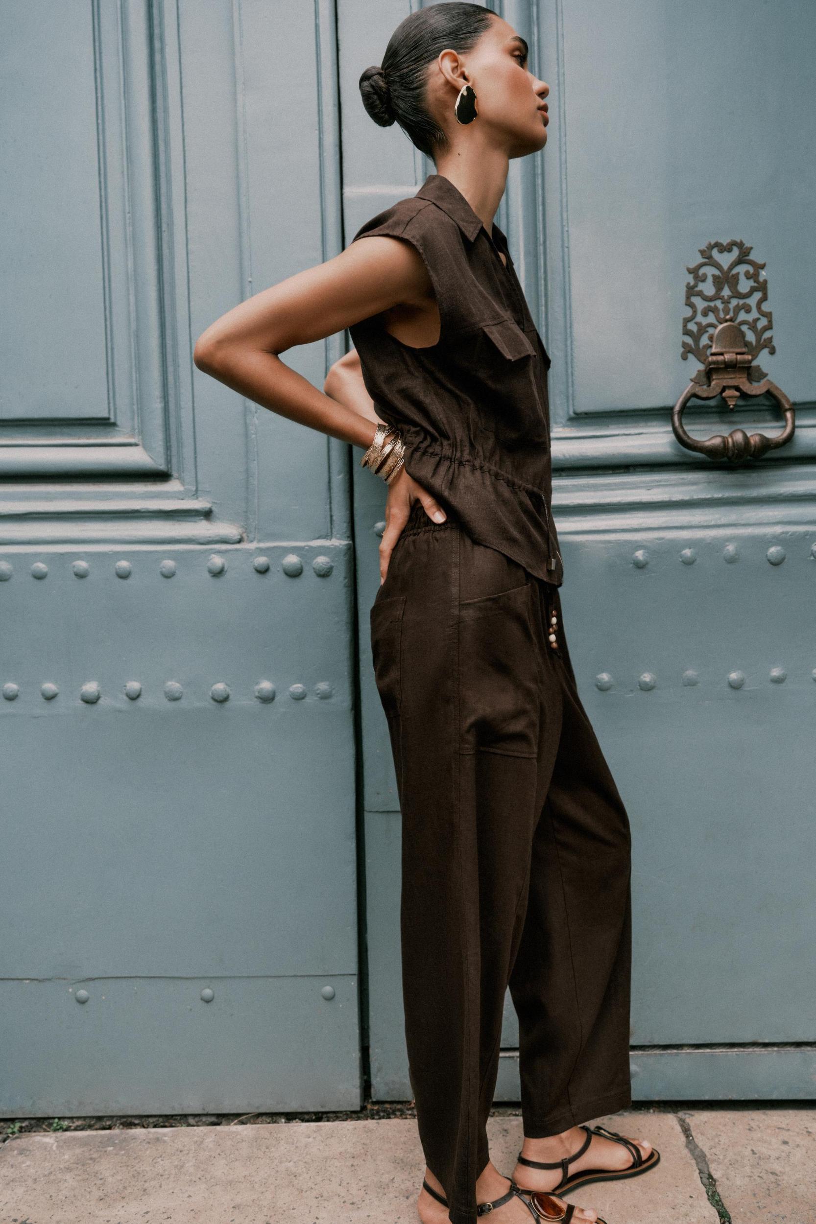 LINEN BEADED DRAWSTRING PANTS Product Image