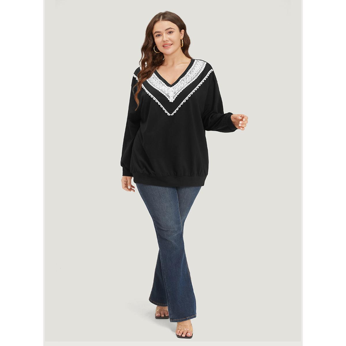 Plus Size Lace Insert V Neck Elastic Cuffs Sweatshirt Women Black Elegant Elastic cuffs V-neck Dailywear Sweatshirts BloomChic 22-24/3X Product Image