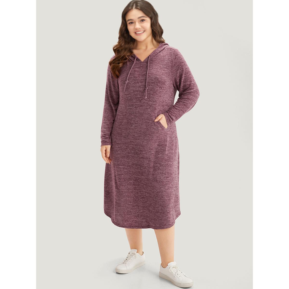 Plus Size Plain Heather Pocket Split Hem Hooded Dress Burgundy Women Casual Plain Hooded Long Sleeve Curvy Midi Dress BloomChic 14-16/1X Product Image