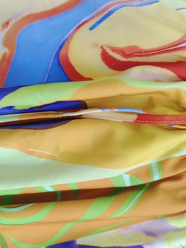 Loose Asymmetric Printed Lapel Blouse + A-Line Drawstring Elasticity Skirt Two Pieces Set Product Image