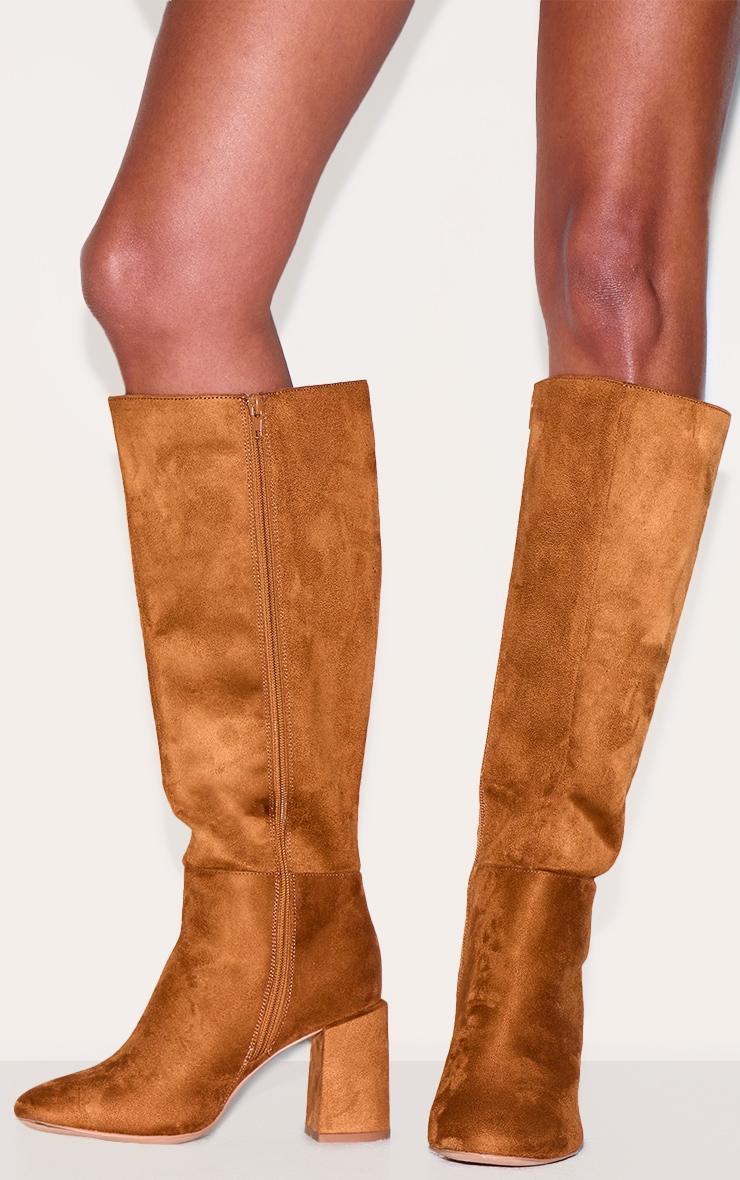 Tan Faux Suede Wide Fit Round Toe Block Heel Knee High Boots Product Image