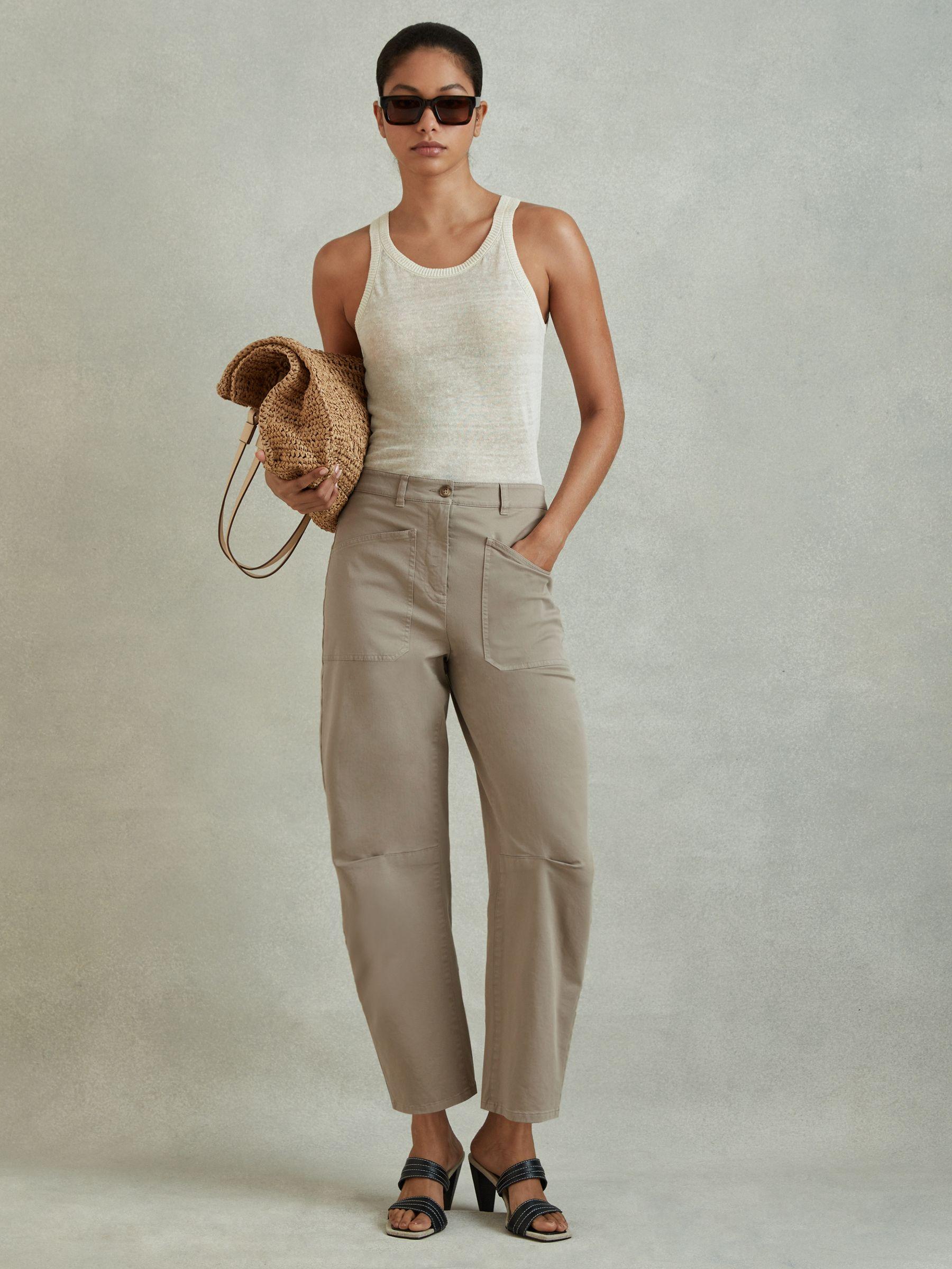 Cotton Blend Barrel Leg Trousers in Olive Product Image