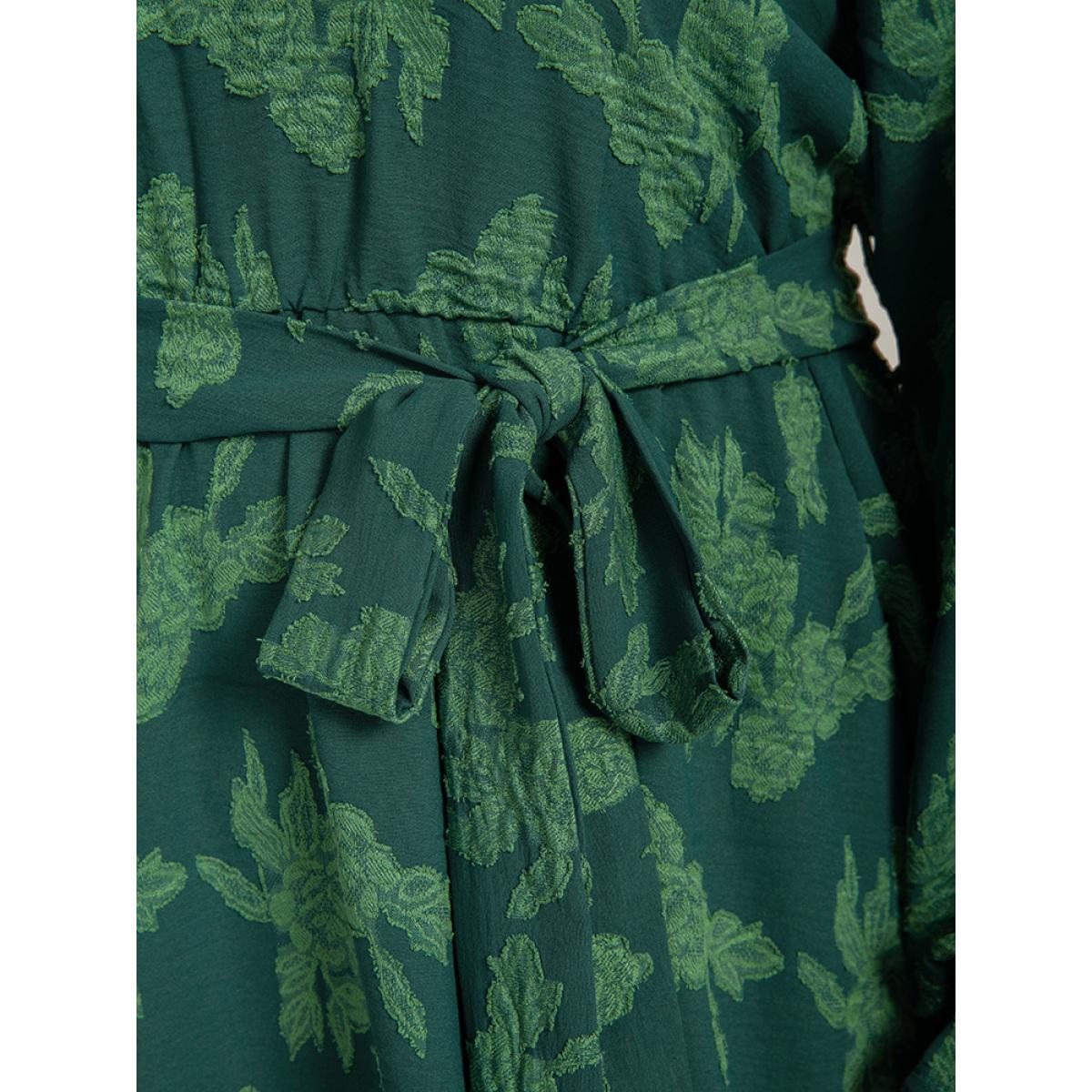 Plus Size Floral Print Lantern Sleeve Pocket Belted Midi Dress Green Women Elegant Pocket V-neck Long Sleeve Curvy Midi Dress BloomChic 18-20/2X Product Image