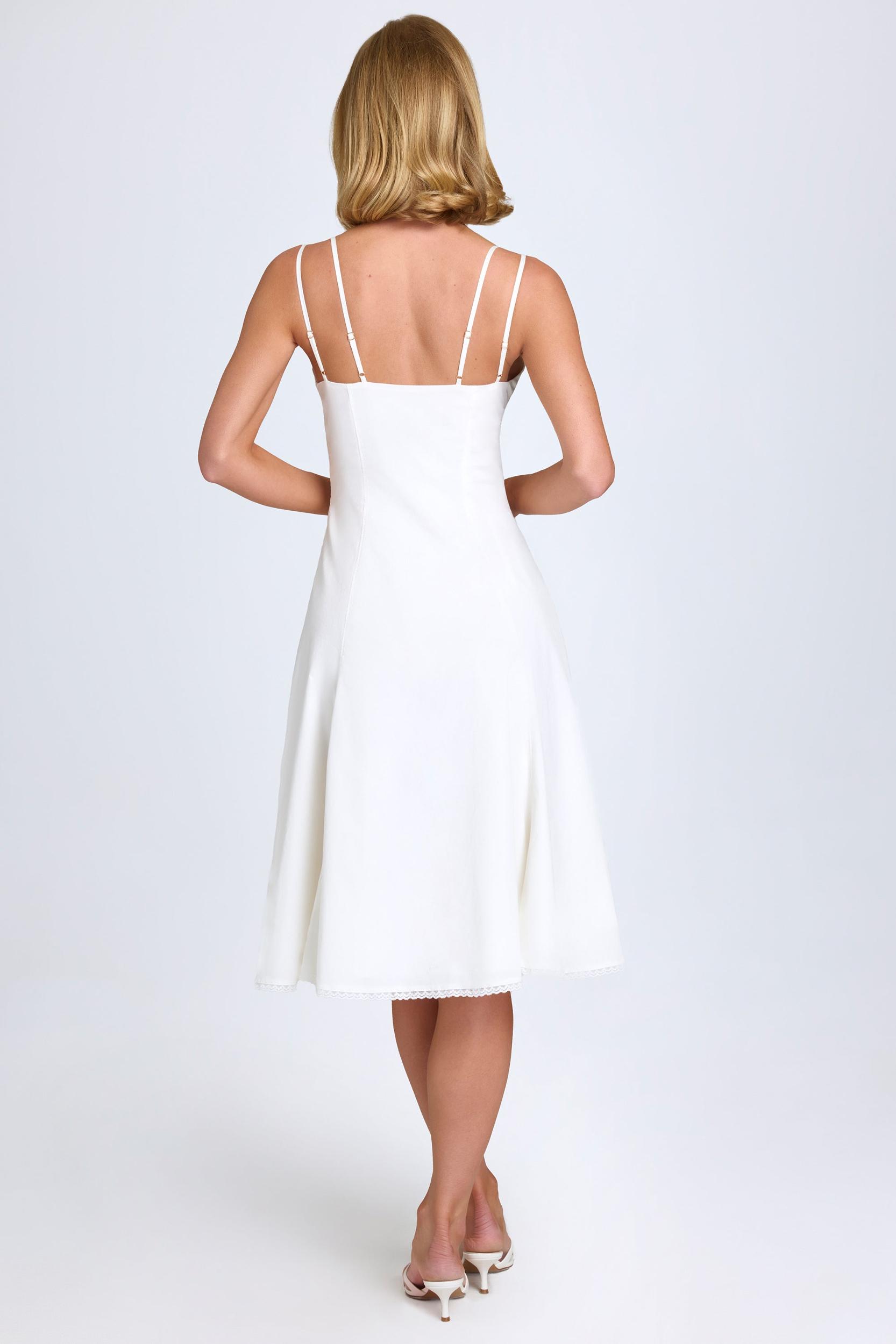 Bow-Detail Lace-Trim A-Line Midi Dress in White Product Image